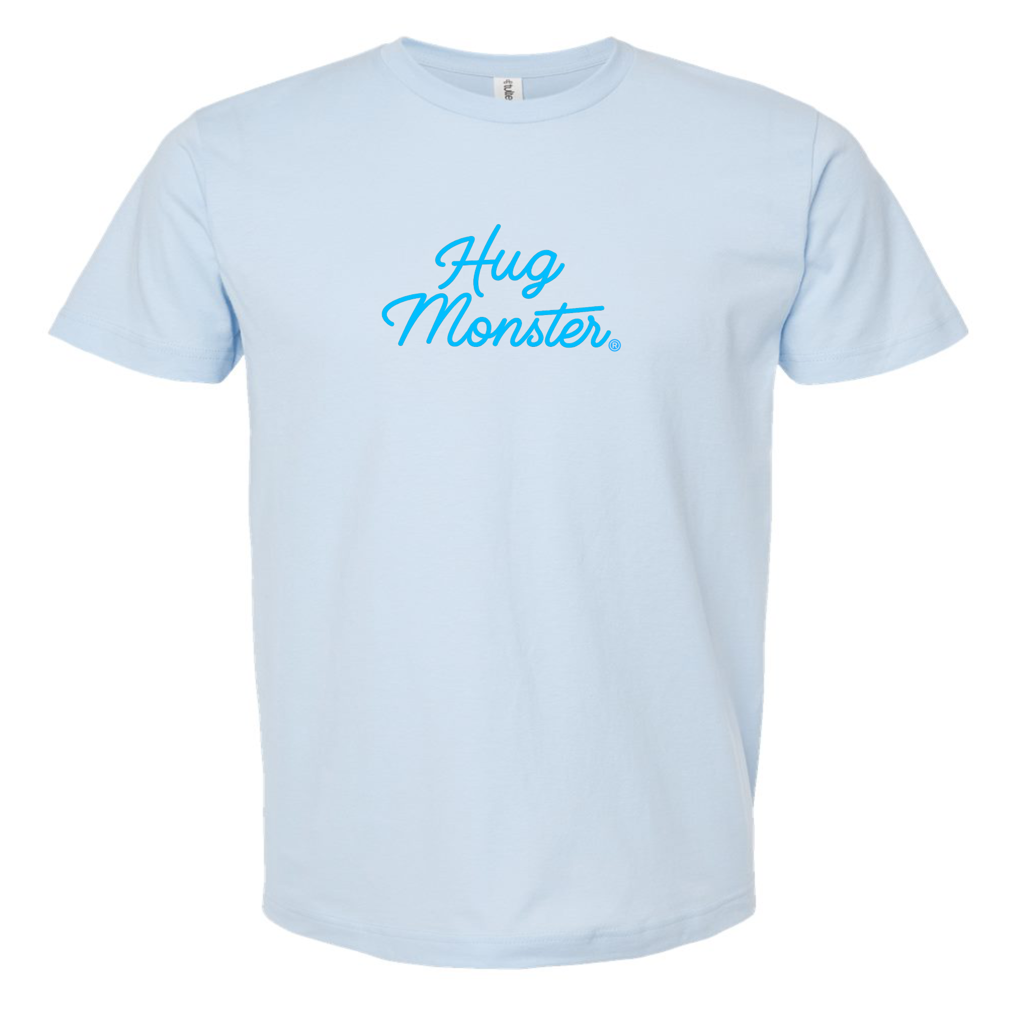 Hug Monster Stacked Classic Blue Cursive T-Shirt - Positive Message Graphic Tee in Baby Blue – Front View