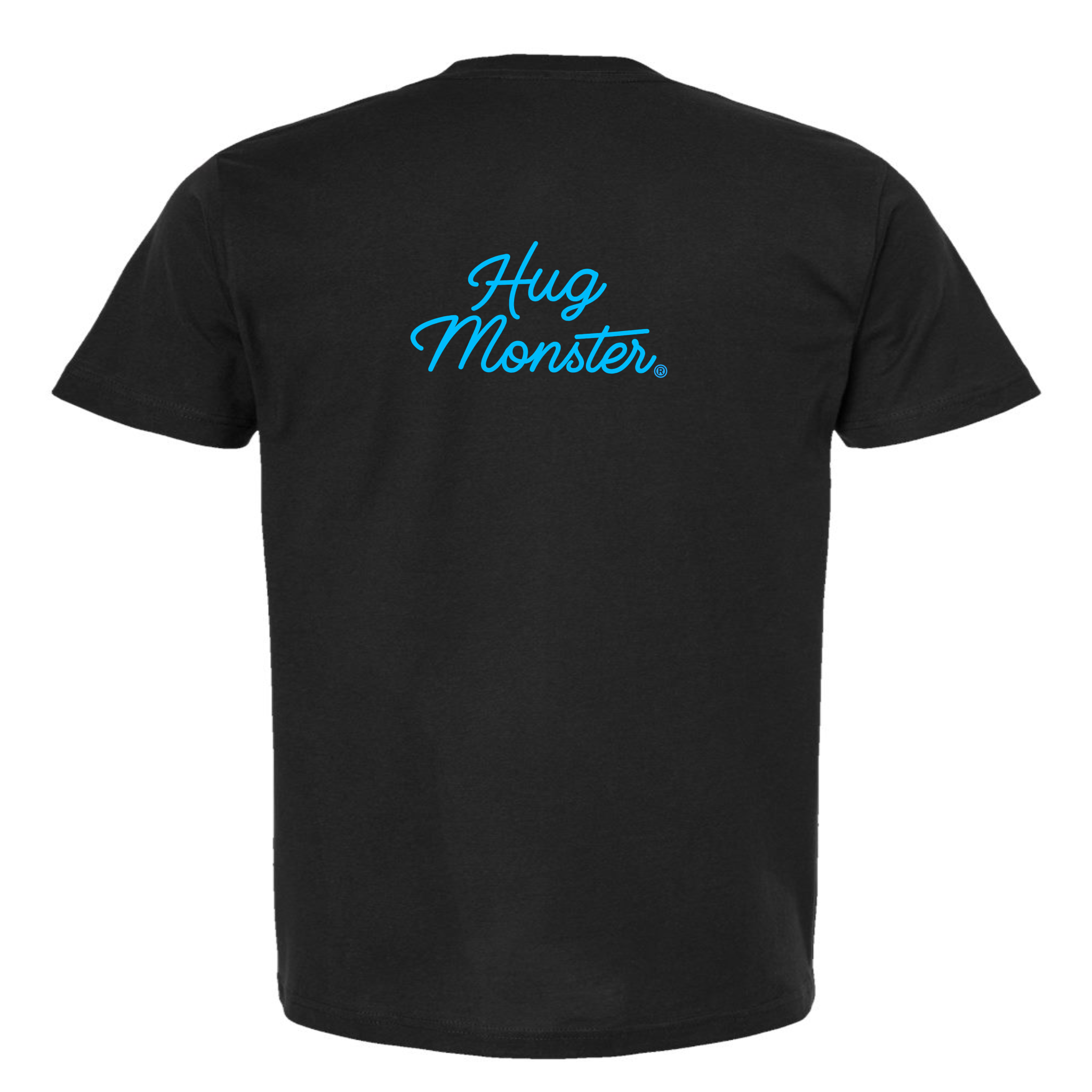 Hug Monster Stacked Classic Blue Cursive T-Shirt - Positive Message Graphic Tee in Black – Back View