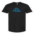 Hug Monster Stacked Classic Blue Cursive T-Shirt - Positive Message Graphic Tee in Black – Front View