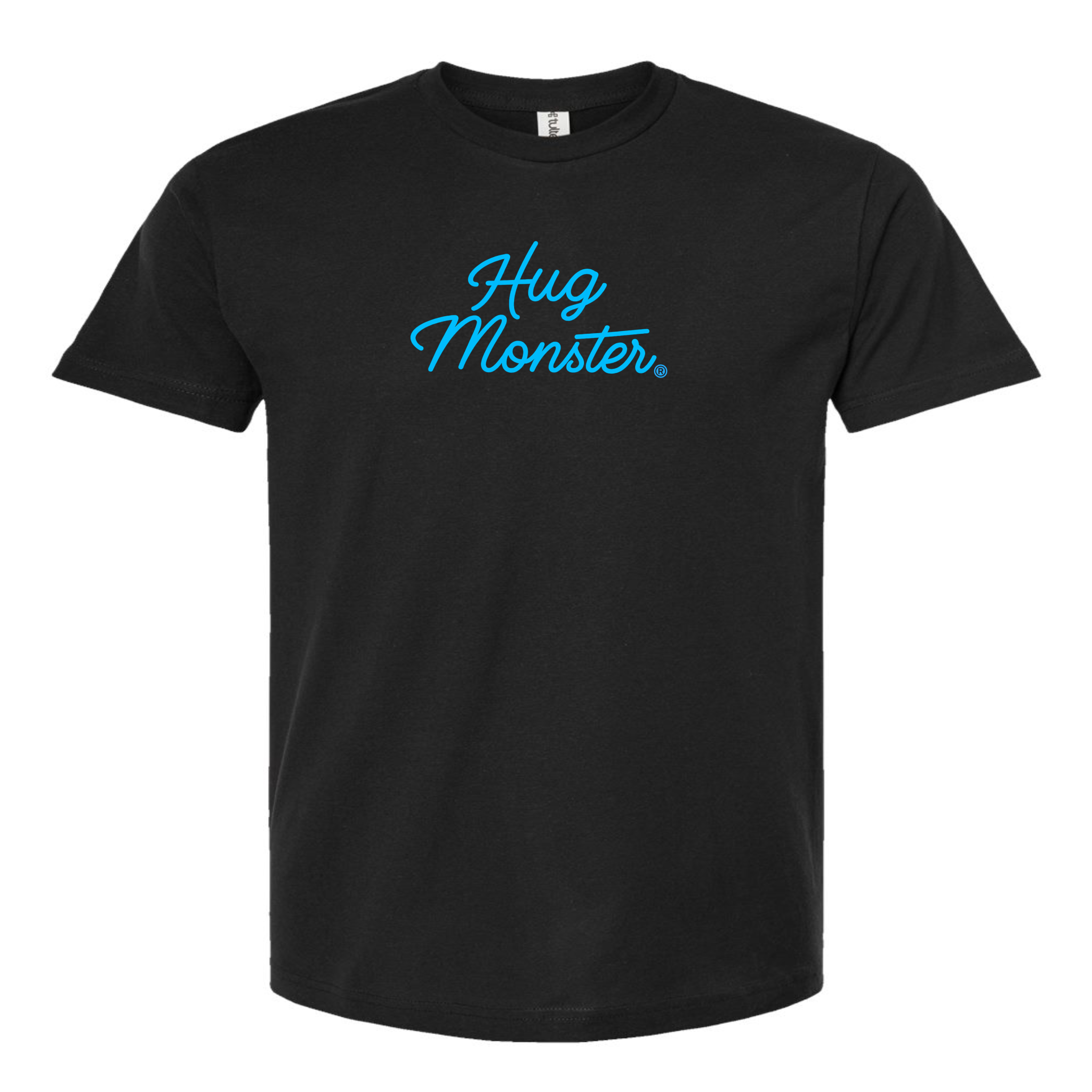 Hug Monster Stacked Classic Blue Cursive T-Shirt - Positive Message Graphic Tee in Black – Front View