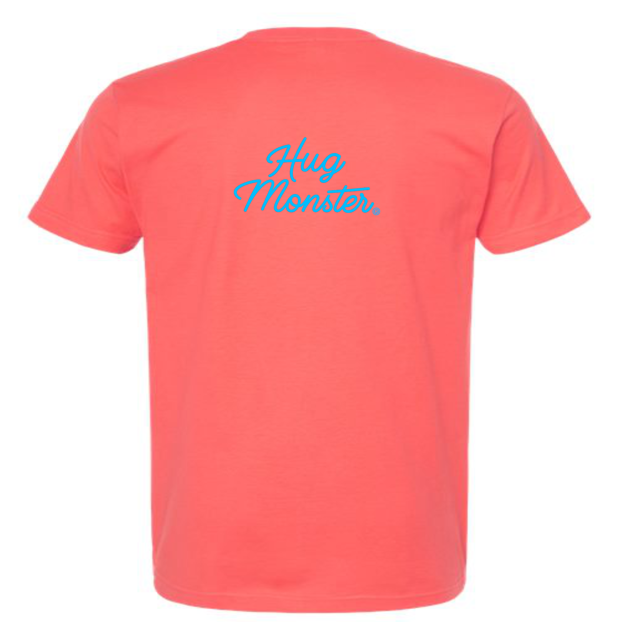 Hug Monster Stacked Classic Blue Cursive T-Shirt - Positive Message Graphic Tee in Bright Coral – Back View