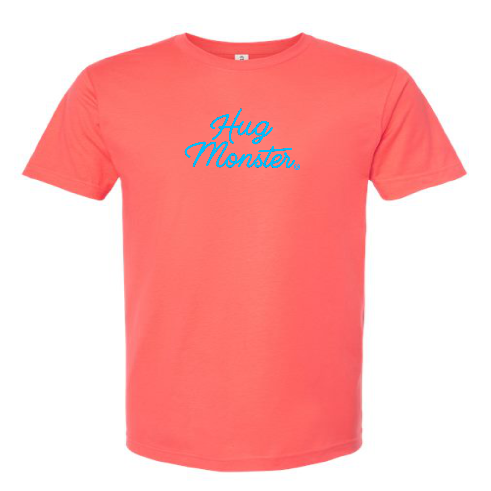 Hug Monster Stacked Classic Blue Cursive T-Shirt - Positive Message Graphic Tee in Bright Coral – Front View
