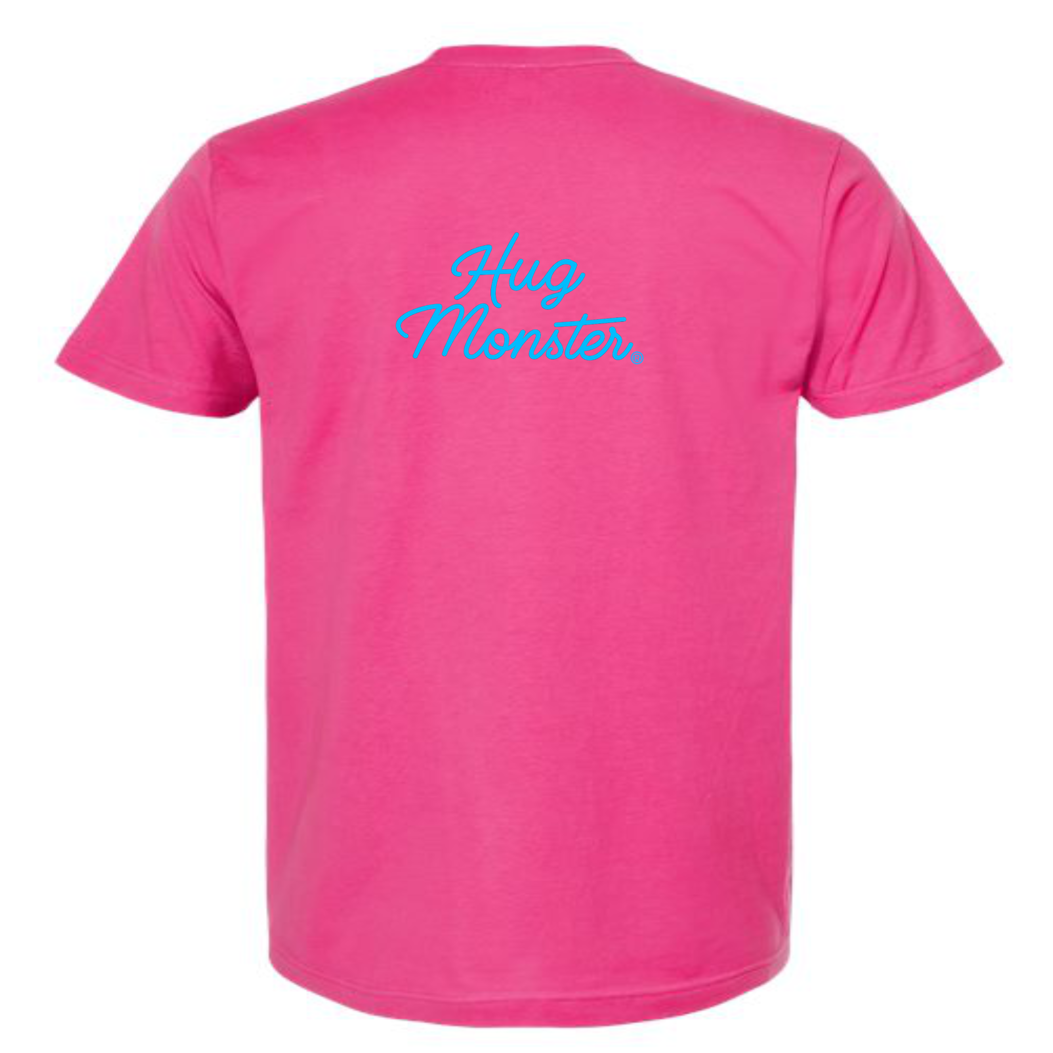 Hug Monster Stacked Classic Blue Cursive T-Shirt - Positive Message Graphic Tee in Bright Fuscia – Back View