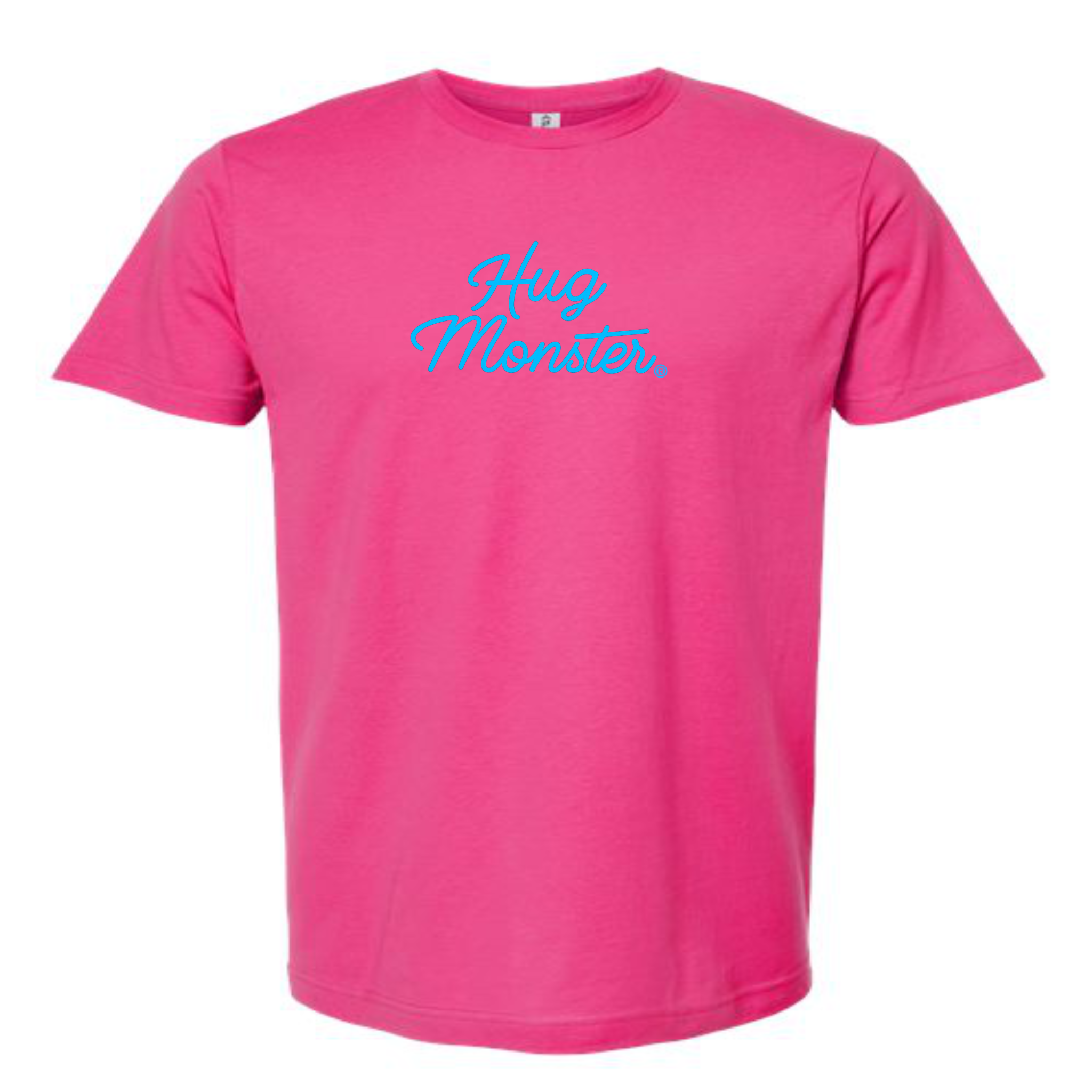 Hug Monster Stacked Classic Blue Cursive T-Shirt - Positive Message Graphic Tee in Bright Fuscia – Front View