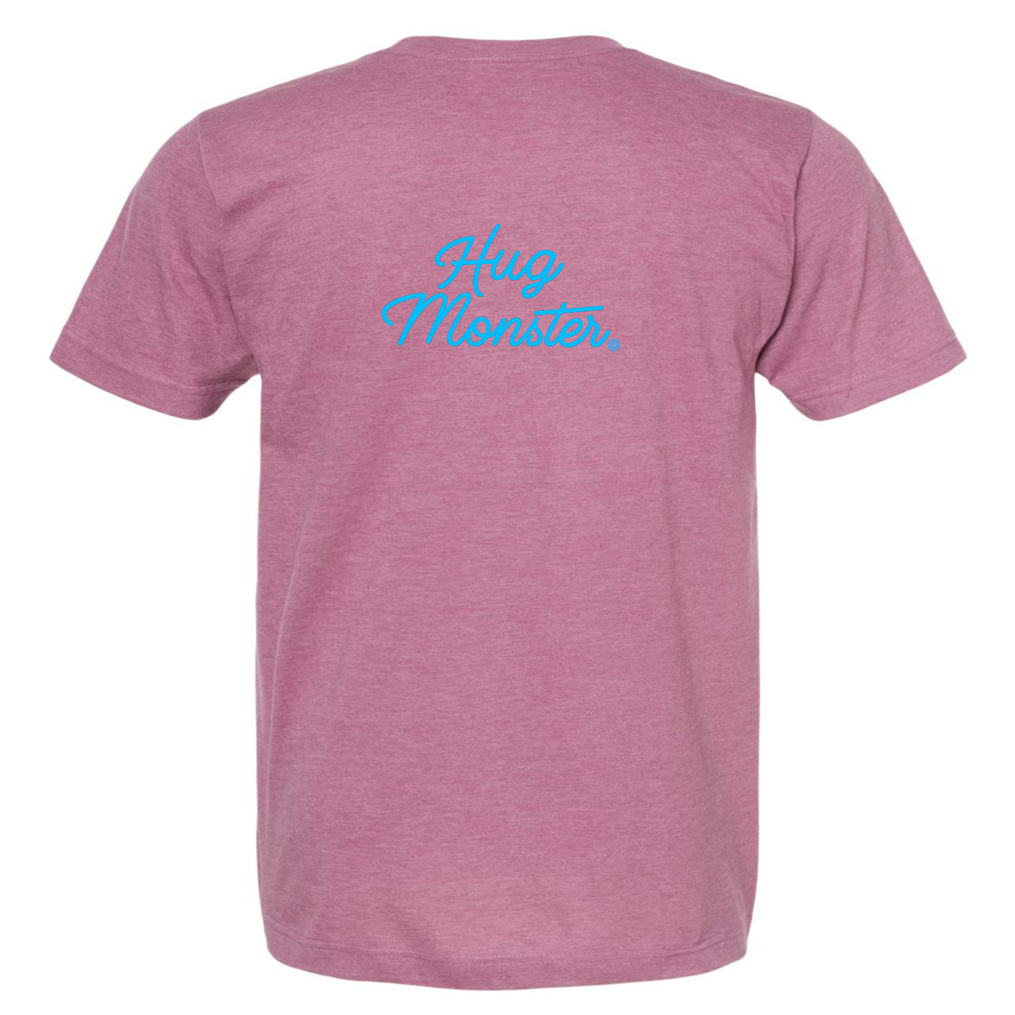 Hug Monster Stacked Classic Blue Cursive T-Shirt - Positive Message Graphic Tee in Heather Dusty Rose Pink – Back View
