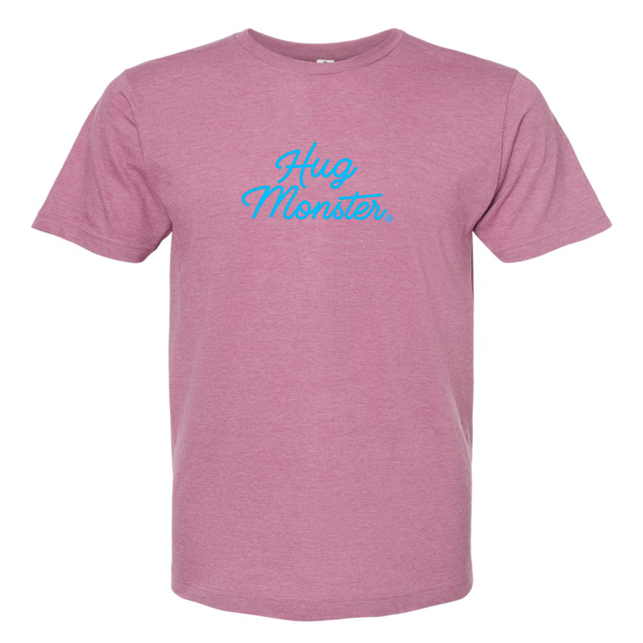 Hug Monster Stacked Classic Blue Cursive T-Shirt - Positive Message Graphic Tee in Heather Dusty Rose Pink – Front View