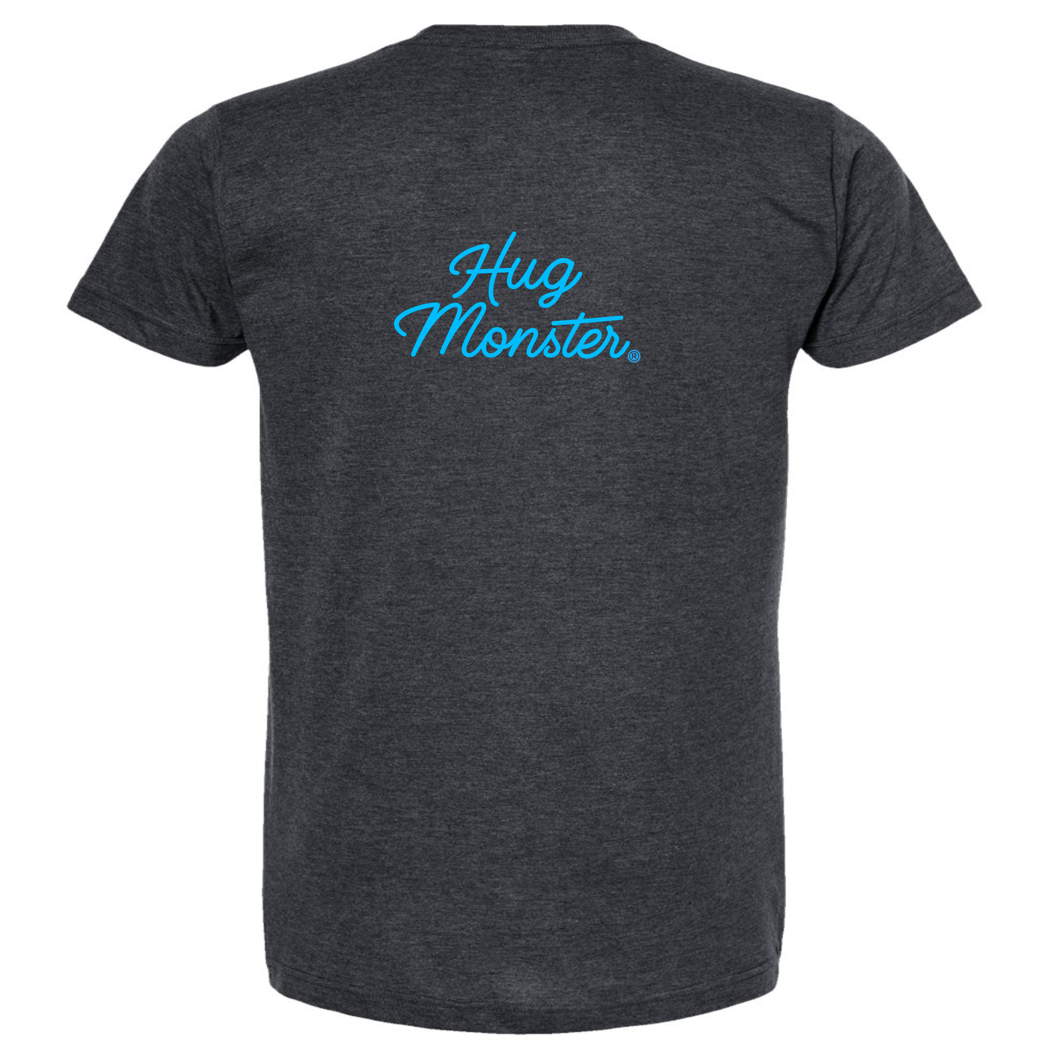 Hug Monster Stacked Classic Blue Cursive T-Shirt - Positive Message Graphic Tee in Heather Graphite – Back View