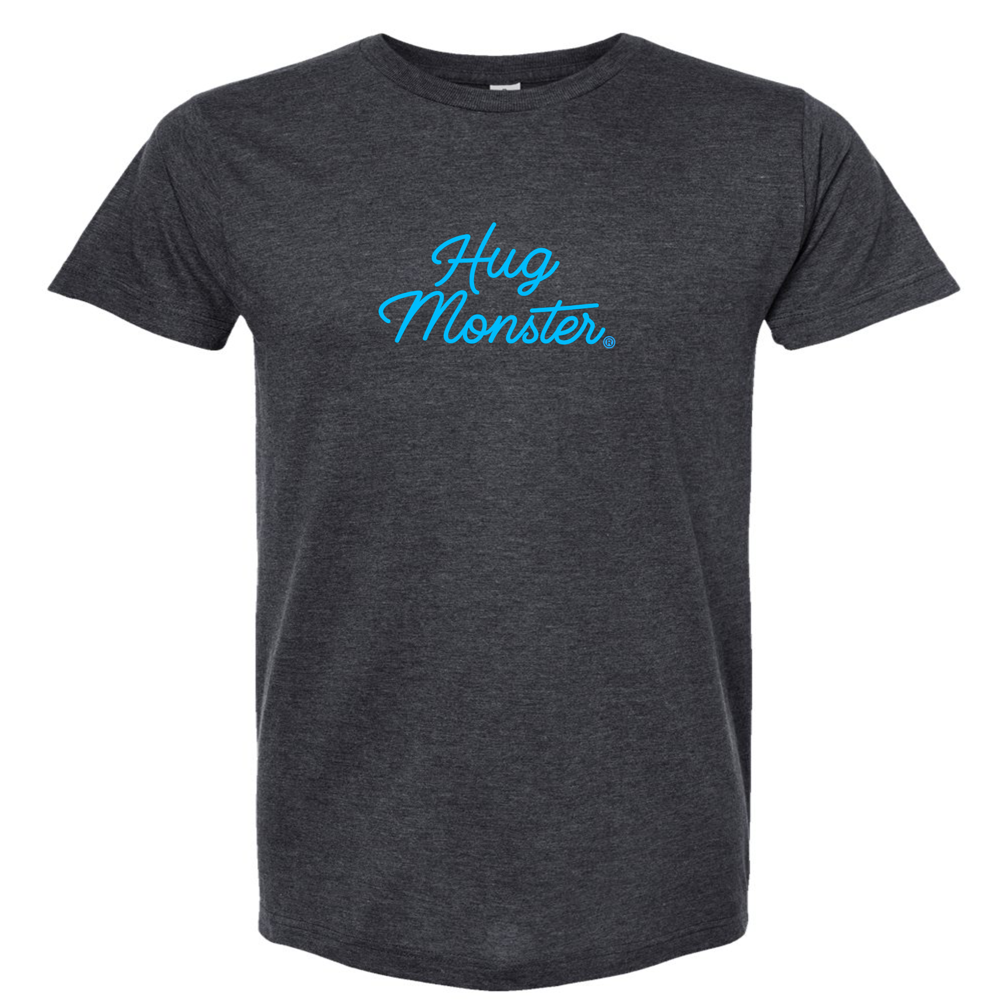 Hug Monster Stacked Classic Blue Cursive T-Shirt - Positive Message Graphic Tee in Heather Graphite – Front View