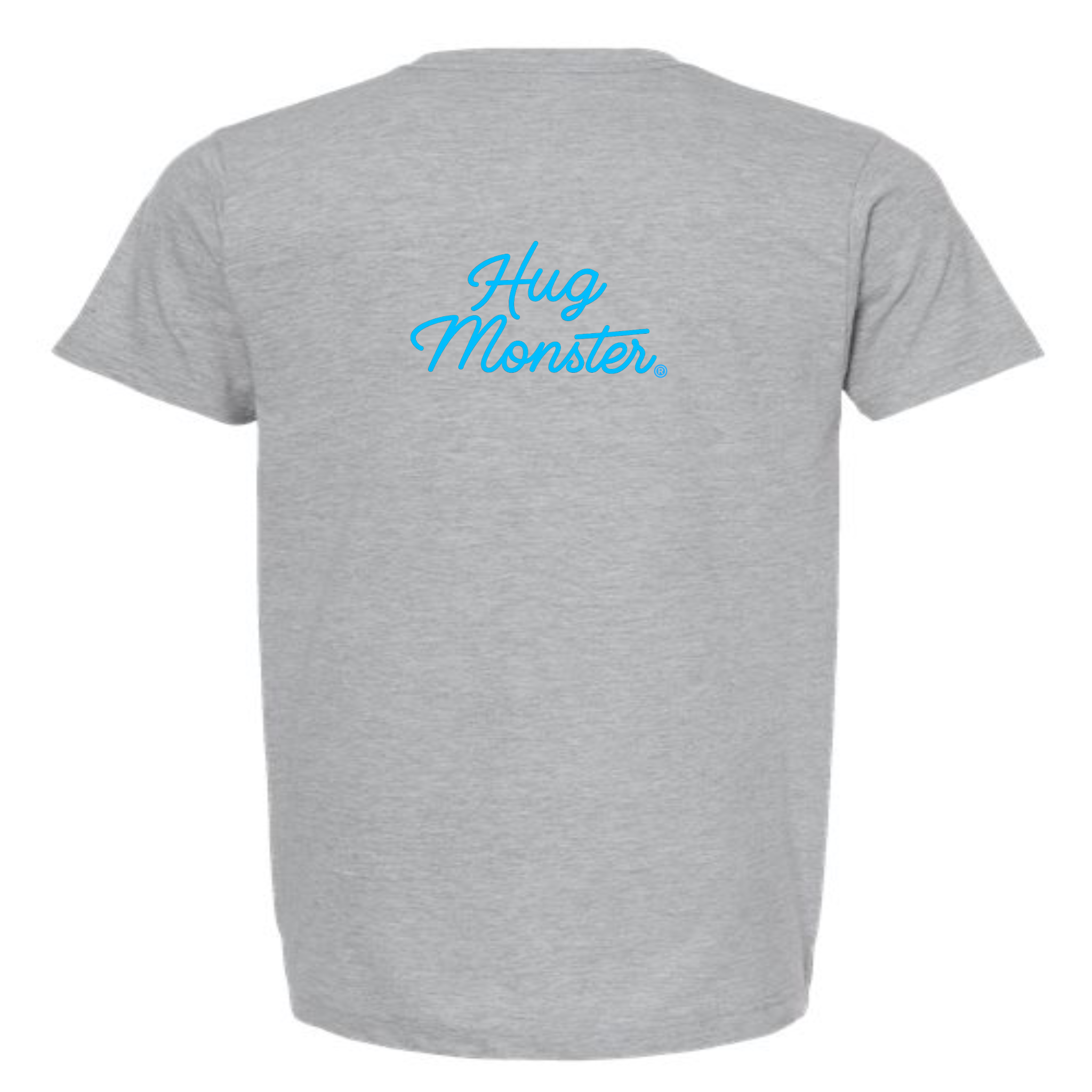 Hug Monster Stacked Classic Blue Cursive T-Shirt - Positive Message Graphic Tee in Heather Grey – Back View