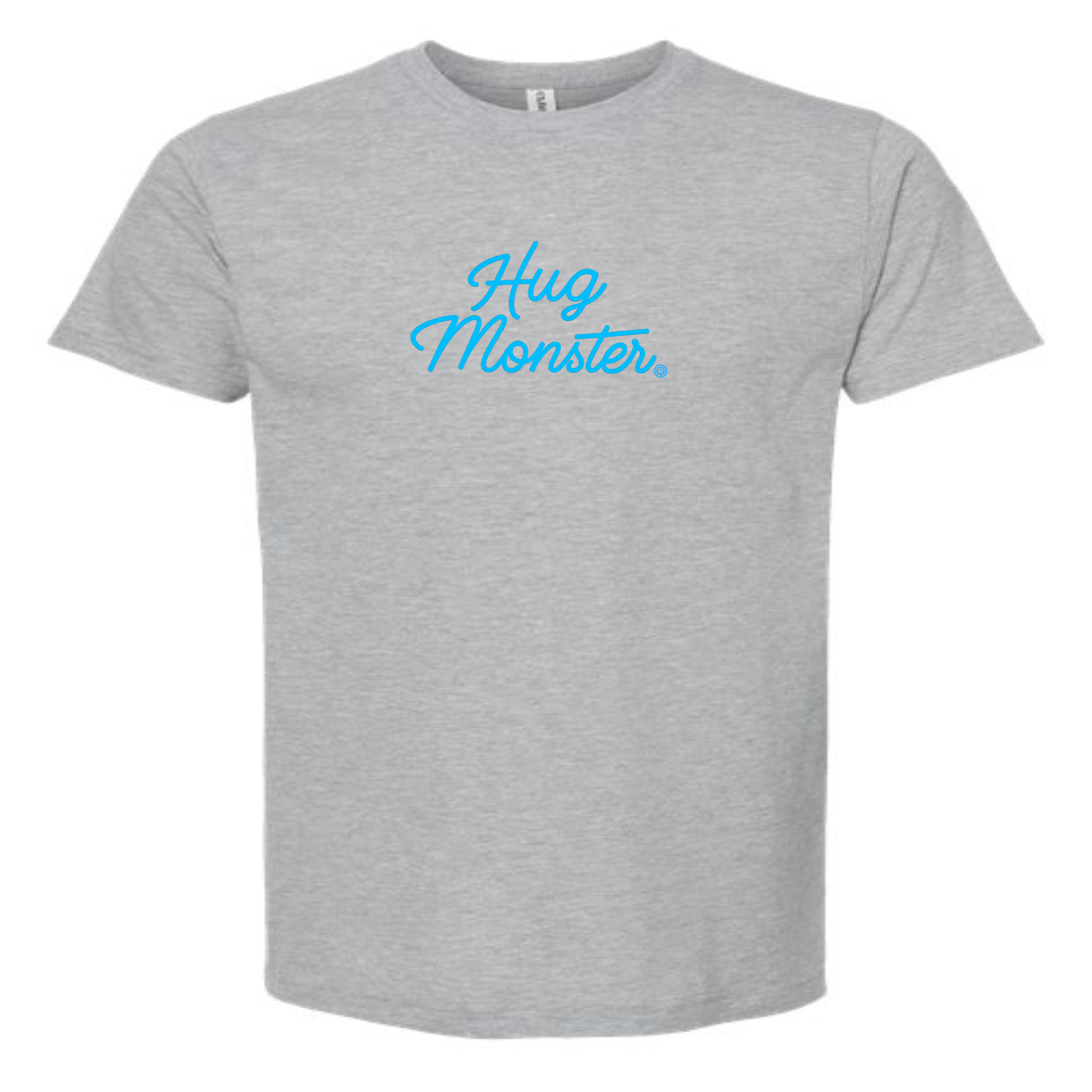 Hug Monster Stacked Classic Blue Cursive T-Shirt - Positive Message Graphic Tee in Heather Grey – Front View