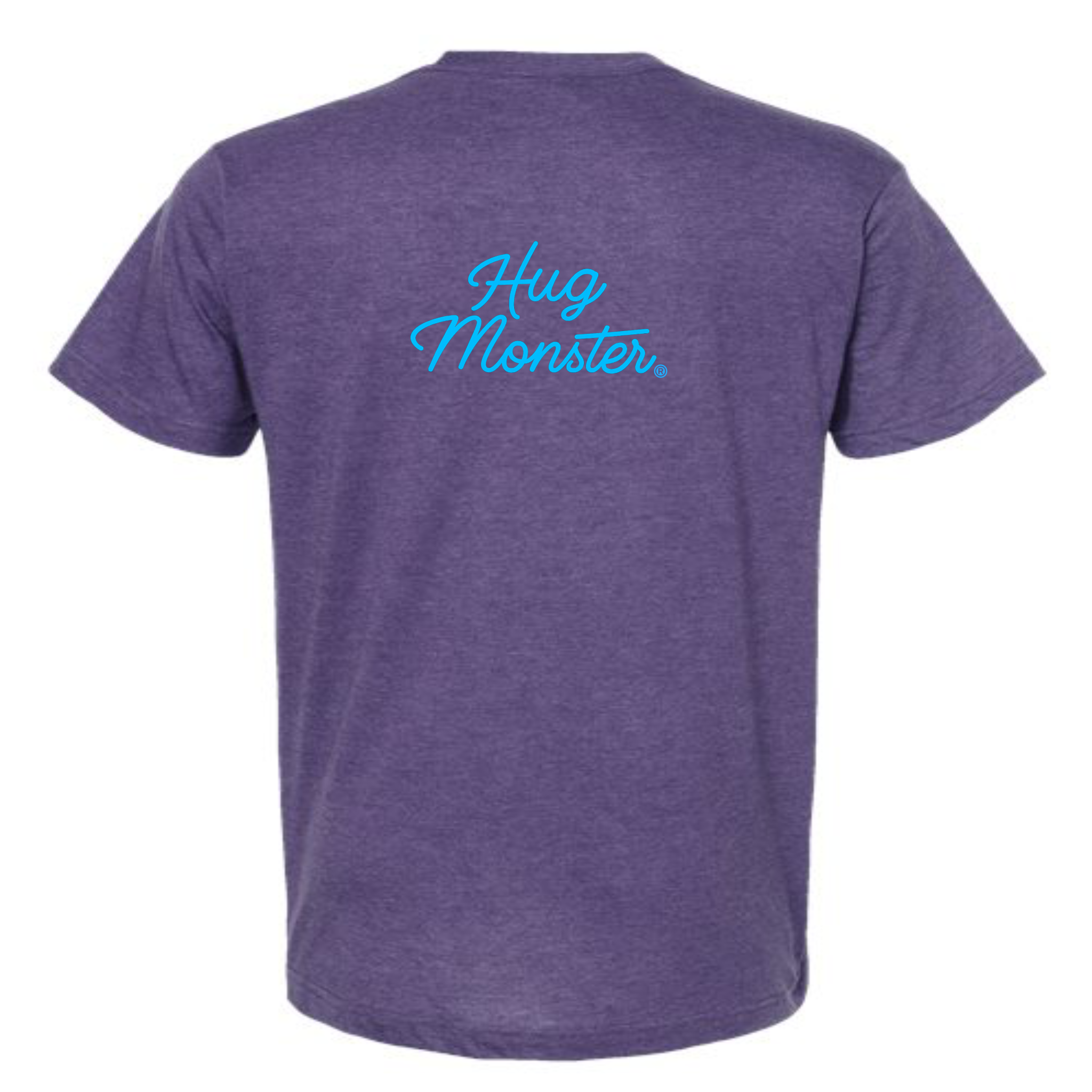 Hug Monster Stacked Classic Blue Cursive T-Shirt - Positive Message Graphic Tee in Heather Purple – Back View