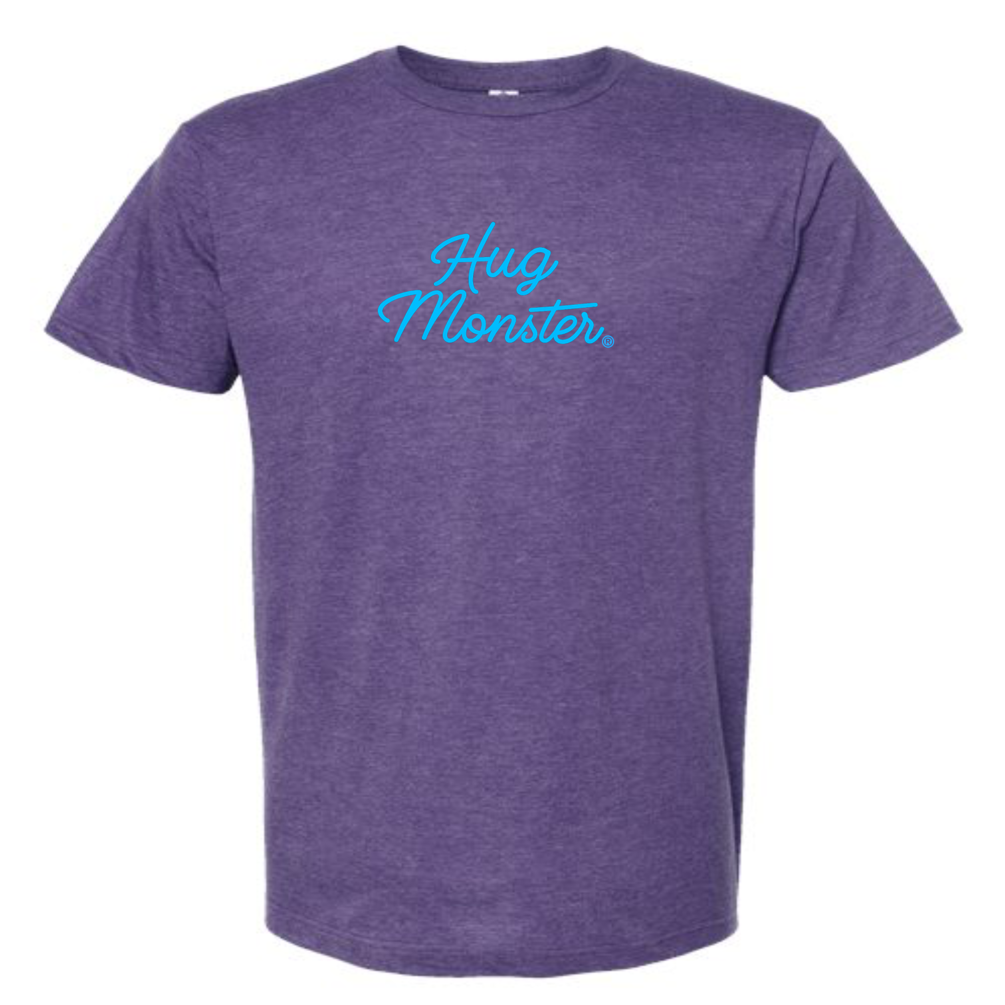 Hug Monster Stacked Classic Blue Cursive T-Shirt - Positive Message Graphic Tee in Heather Purple – Front View