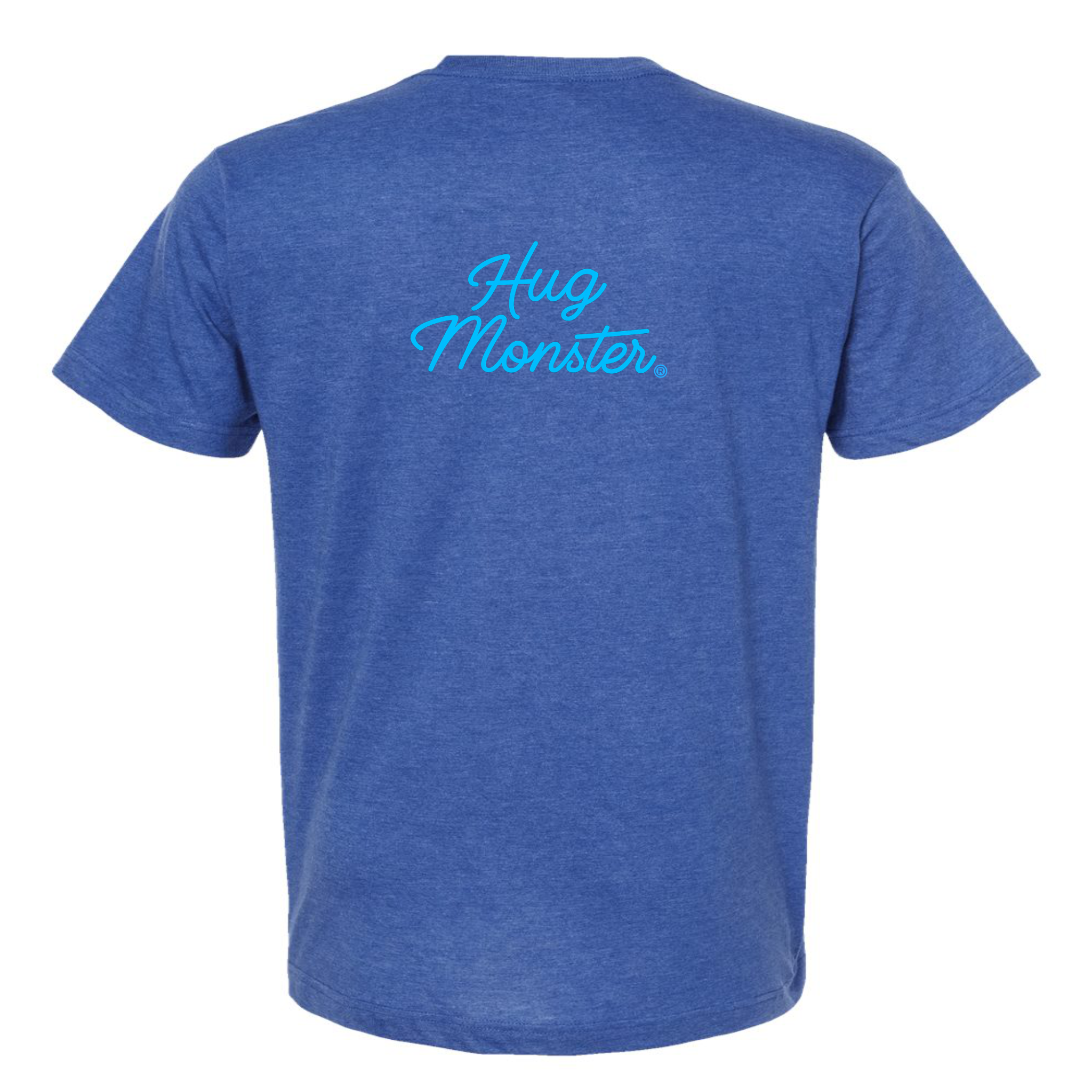Hug Monster Stacked Classic Blue Cursive T-Shirt - Positive Message Graphic Tee in Heather Royal Blue – Back View