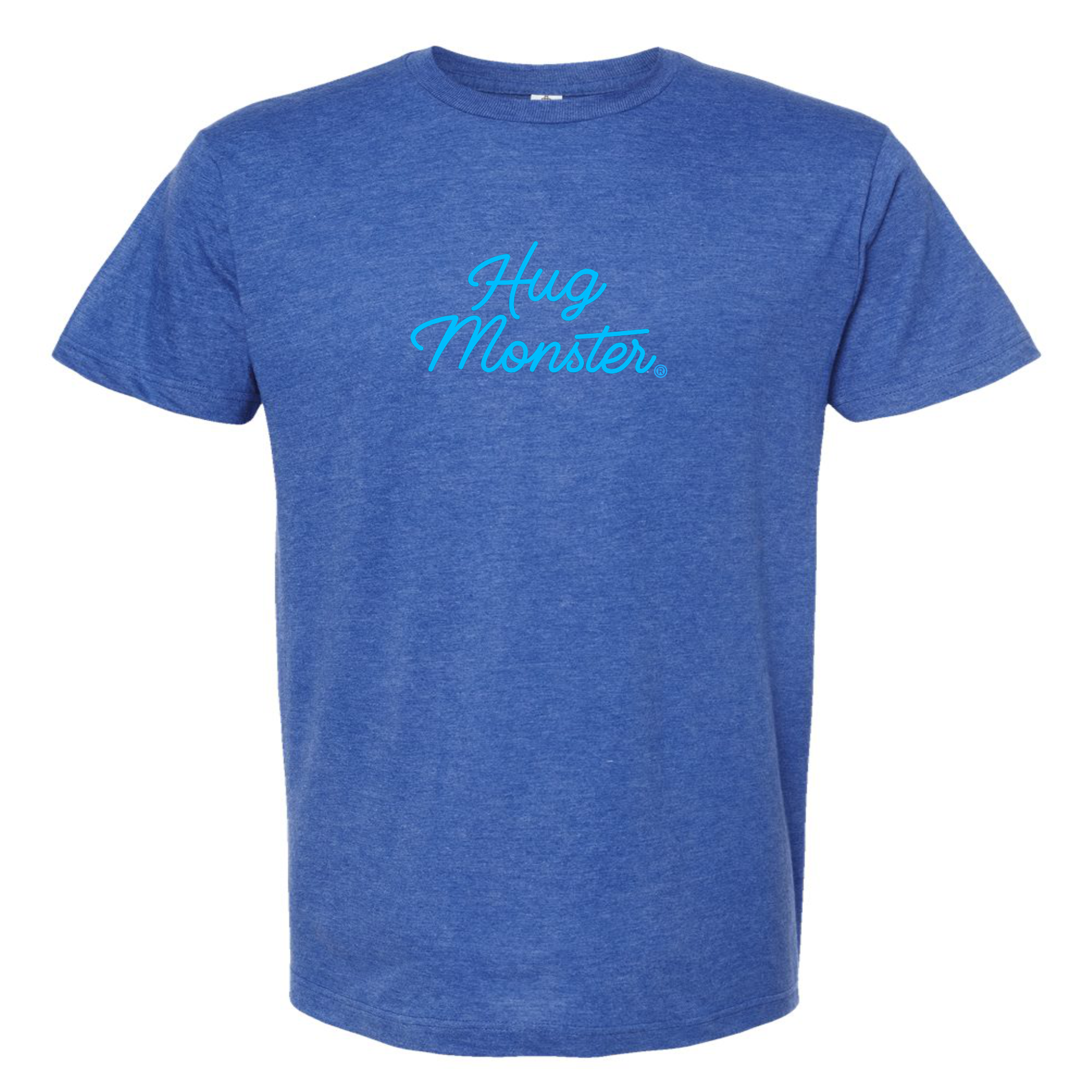 Hug Monster Stacked Classic Blue Cursive T-Shirt - Positive Message Graphic Tee in Heather Royal Blue – Front View