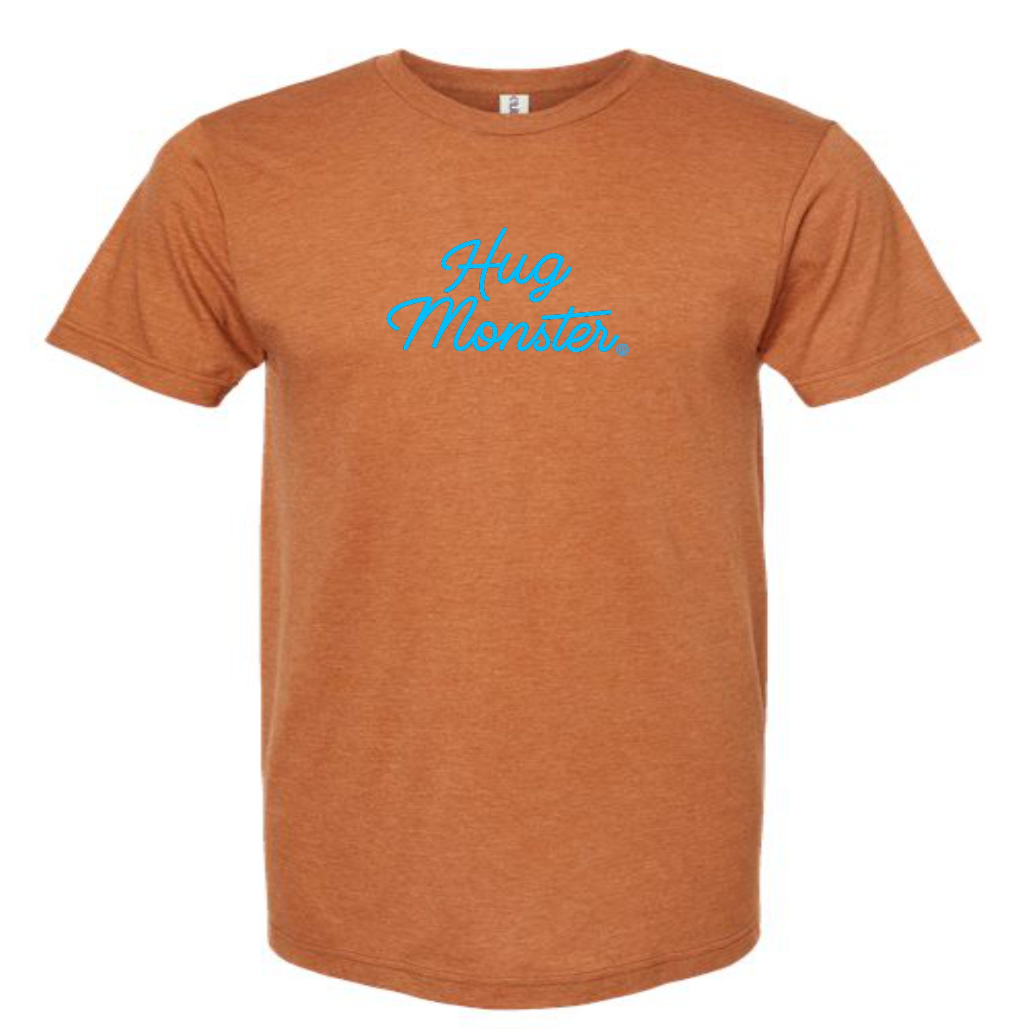 Hug Monster Stacked Classic Blue Cursive T-Shirt - Positive Message Graphic Tee in Heather Rust – Front View
