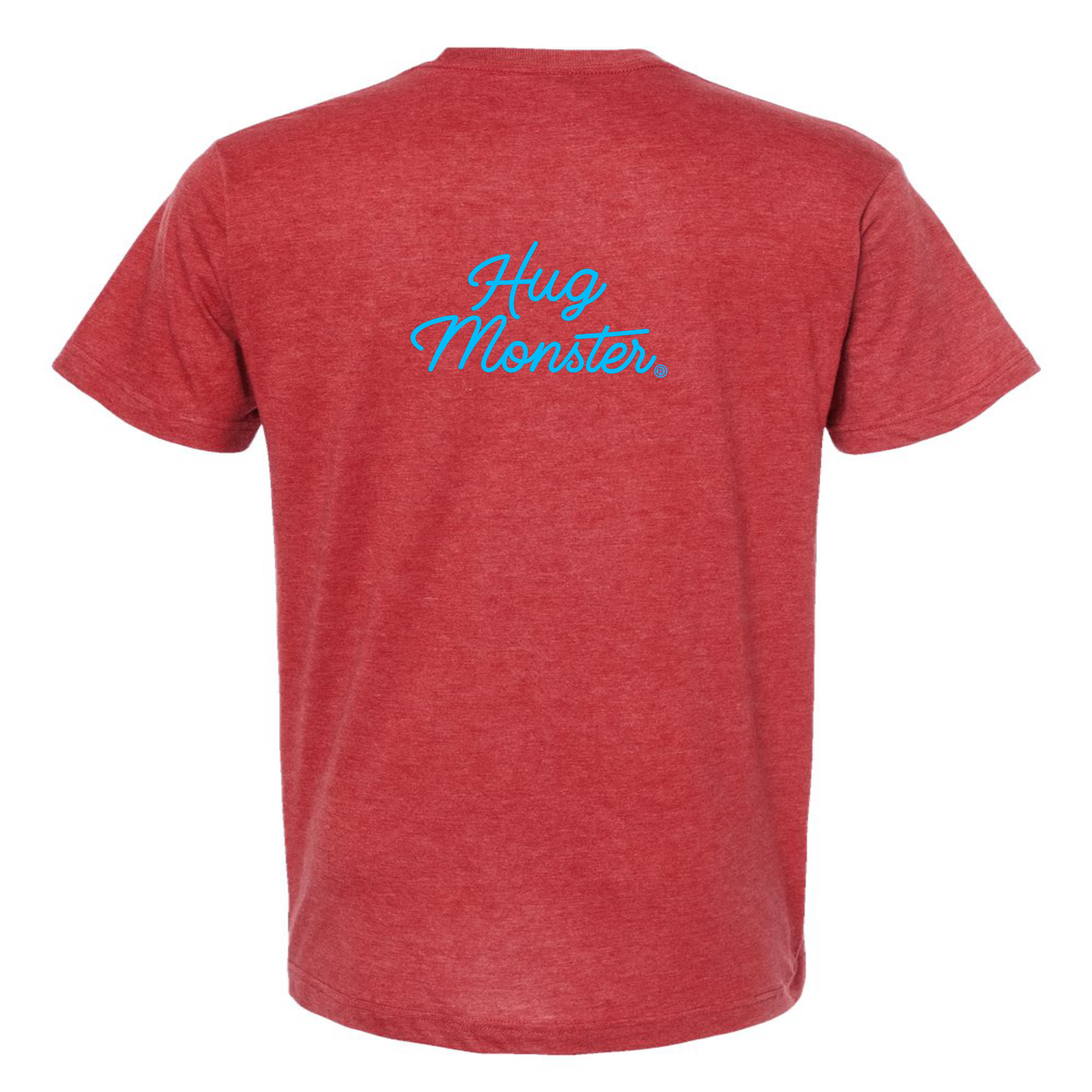 Hug Monster Stacked Classic Blue Cursive T-Shirt - Positive Message Graphic Tee in Heather Scarlet Red – Back View