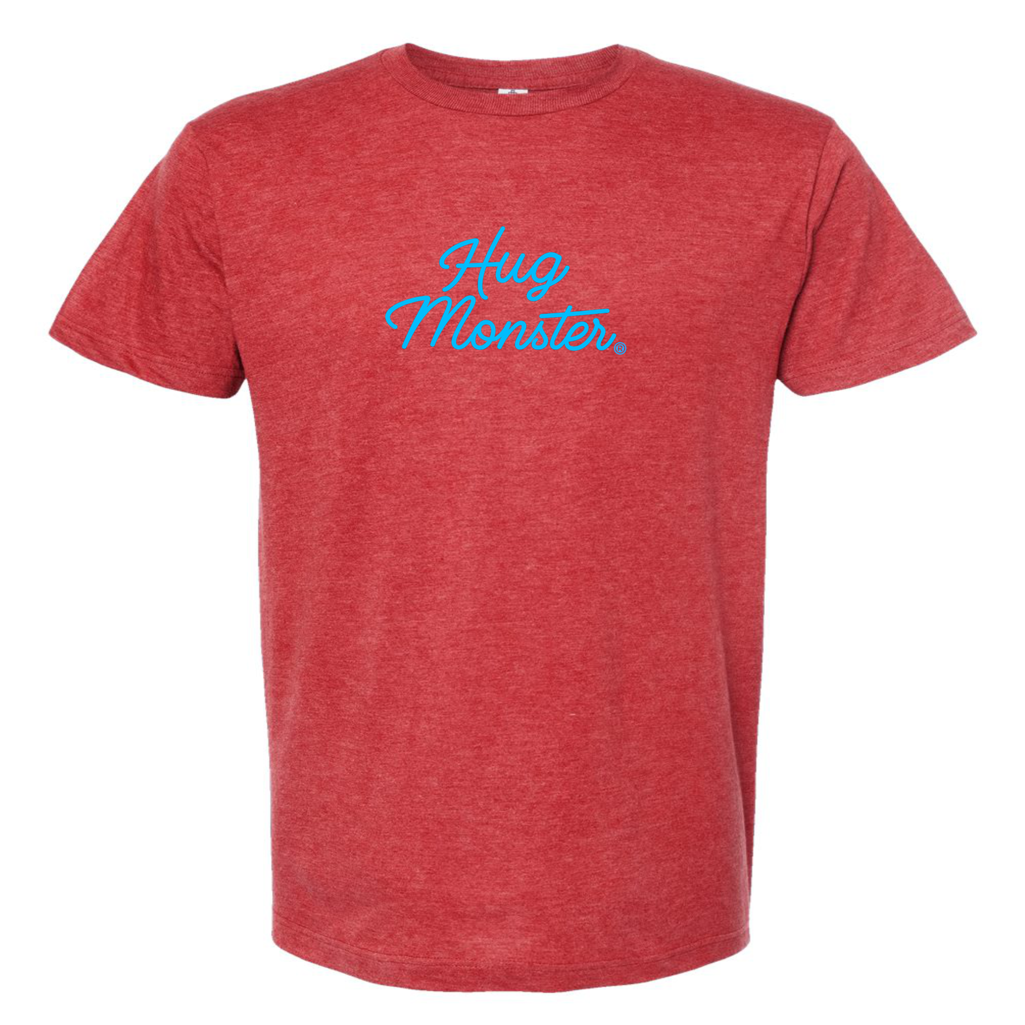 Hug Monster Stacked Classic Blue Cursive T-Shirt - Positive Message Graphic Tee in Heather Scarlet Red – Front View