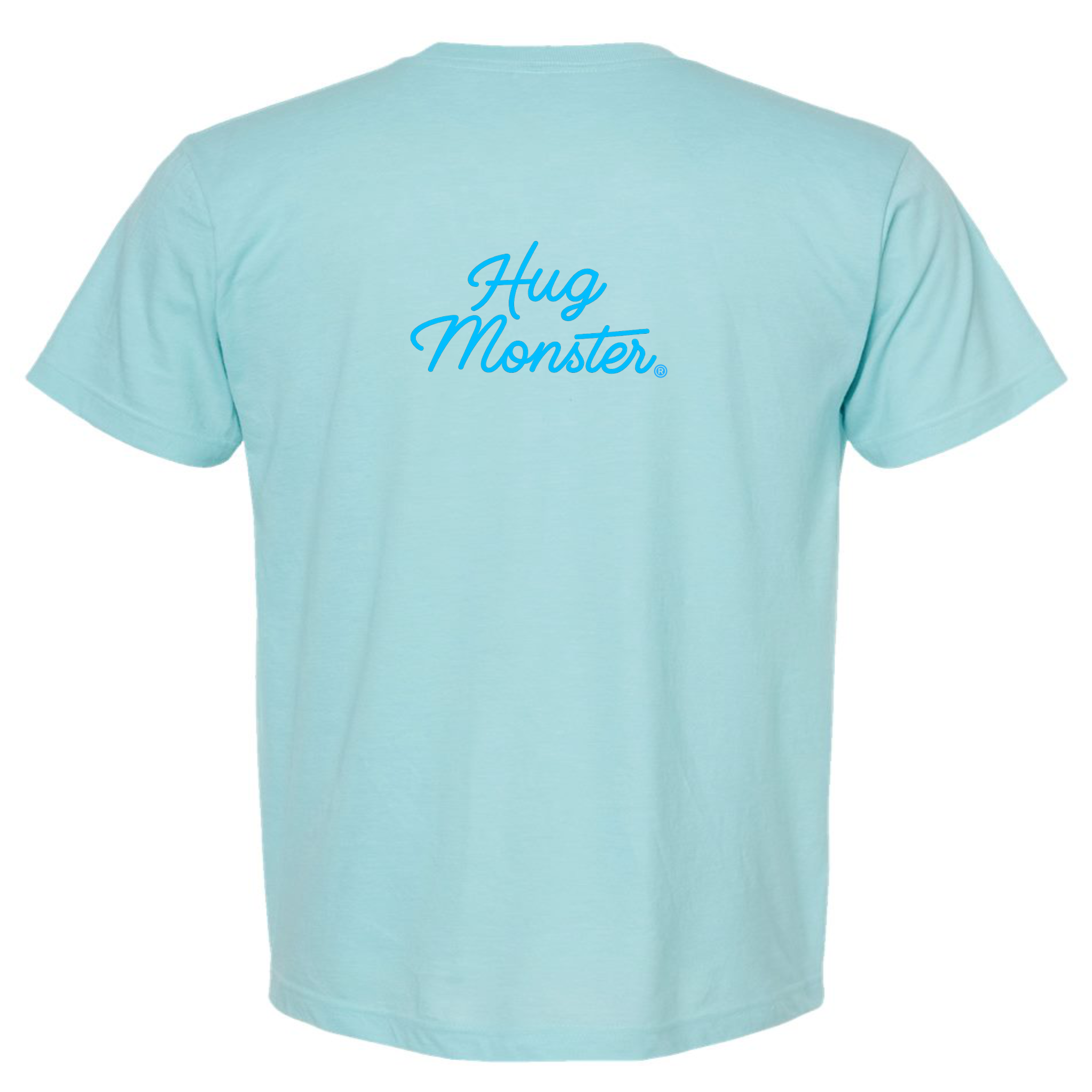 Hug Monster Stacked Classic Blue Cursive T-Shirt - Positive Message Graphic Tee in Heather Turquoise – Back View