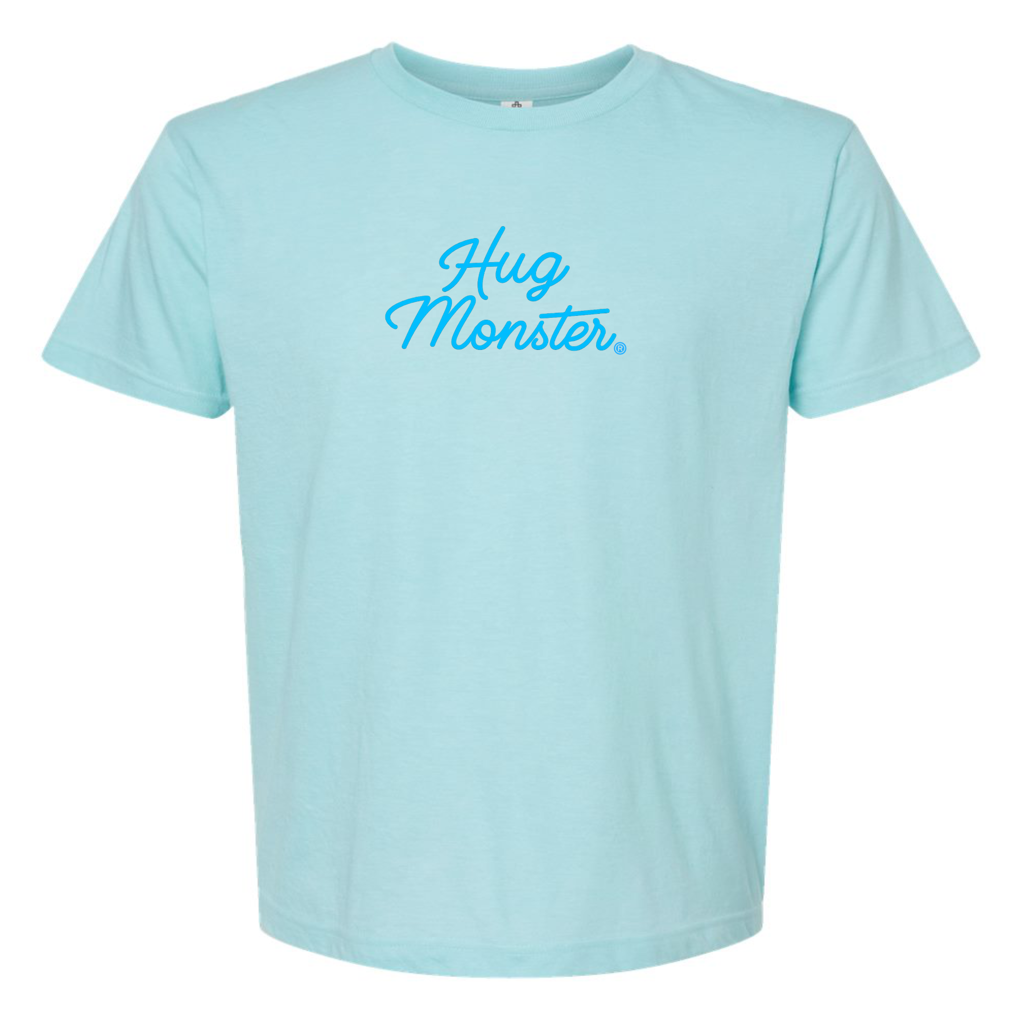 Hug Monster Stacked Classic Blue Cursive T-Shirt - Positive Message Graphic Tee in Heather Turquoise – Front View