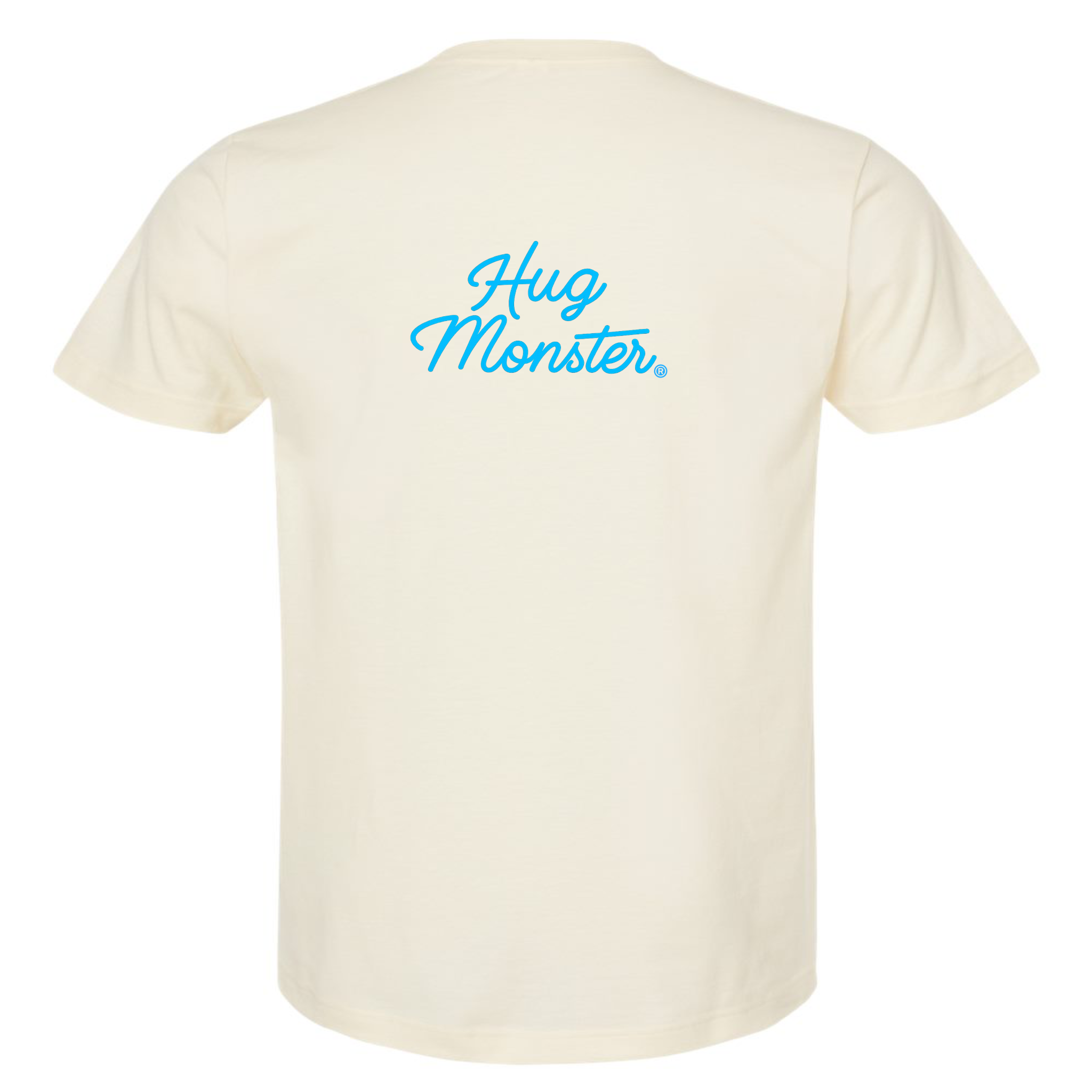 Hug Monster Stacked Classic Blue Cursive T-Shirt - Positive Message Graphic Tee in Natural – Back View