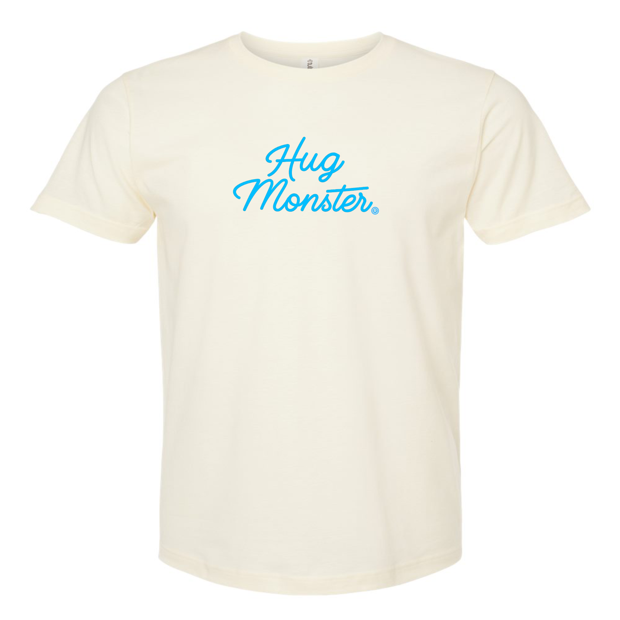 Hug Monster Stacked Classic Blue Cursive T-Shirt - Positive Message Graphic Tee in Natural – Front View