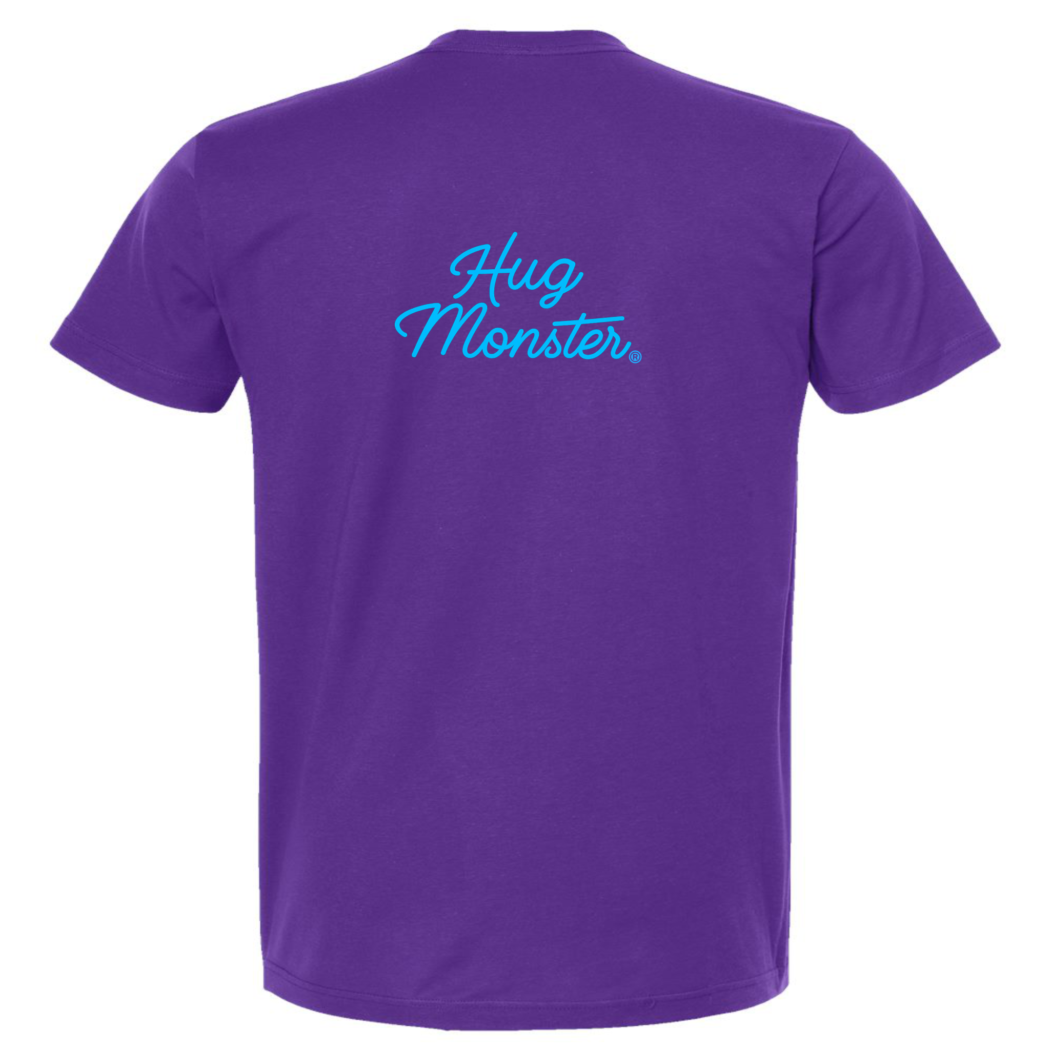 Hug Monster Stacked Classic Blue Cursive T-Shirt - Positive Message Graphic Tee in Purple – Back View