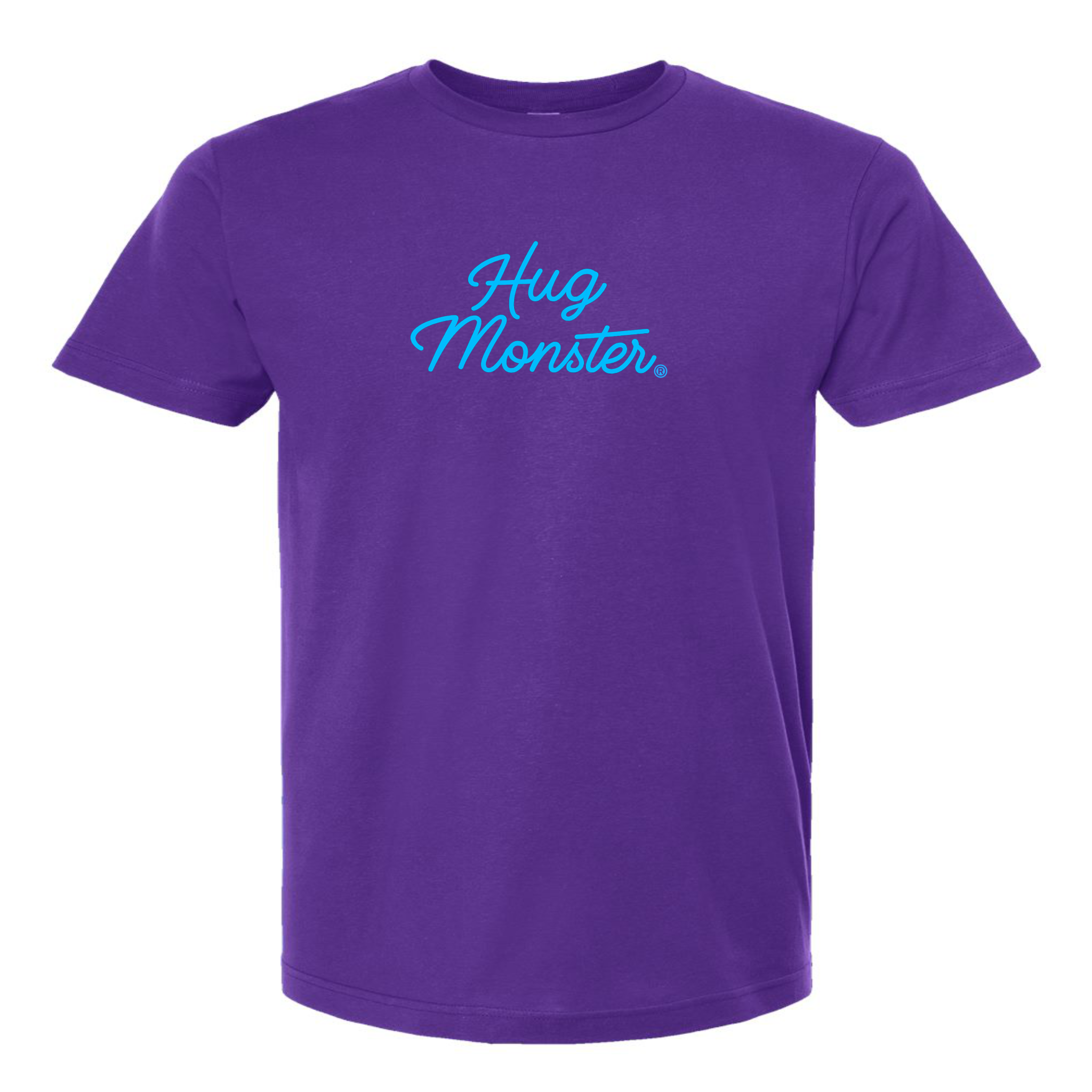 Hug Monster Stacked Classic Blue Cursive T-Shirt - Positive Message Graphic Tee in Purple – Front View