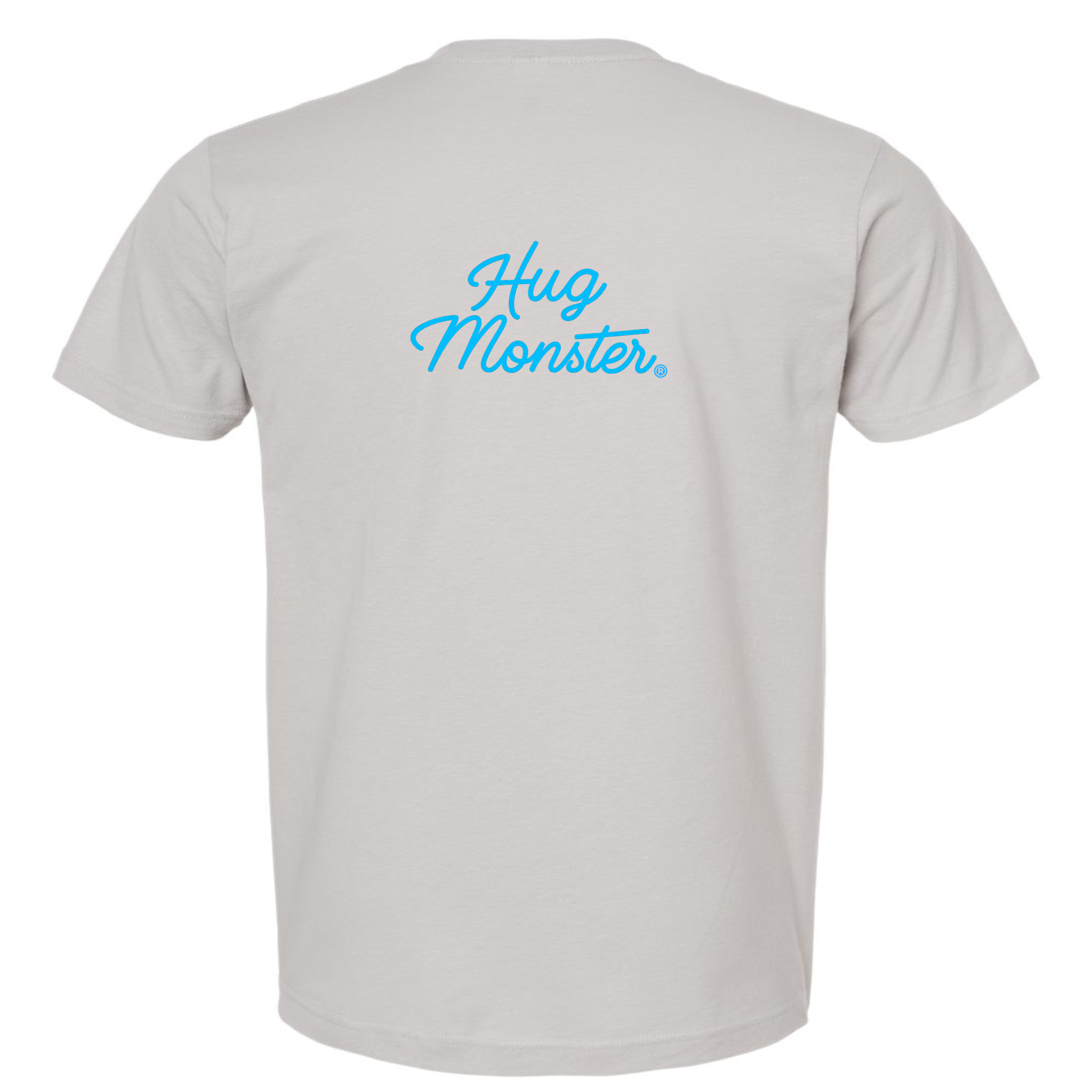Hug Monster Stacked Classic Blue Cursive T-Shirt - Positive Message Graphic Tee in Silver – Back View
