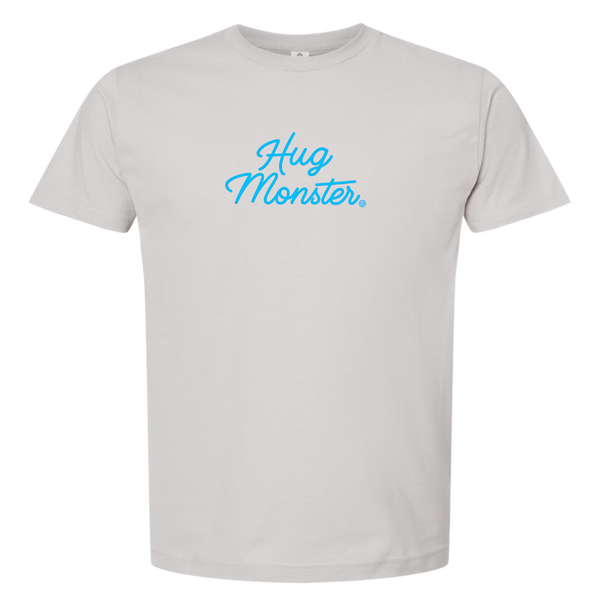 Hug Monster Stacked Classic Blue Cursive T-Shirt - Positive Message Graphic Tee in Silver – Front View