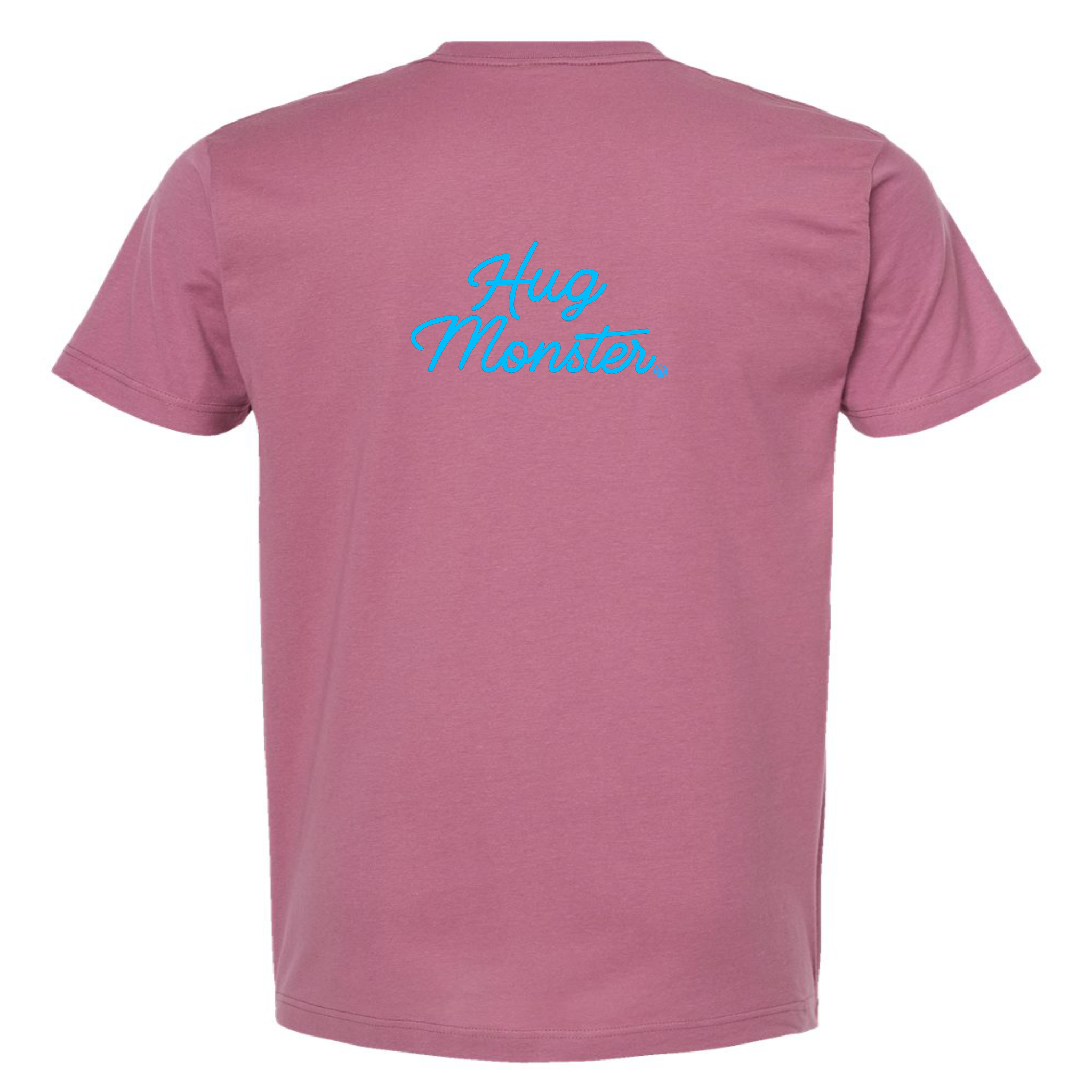 Hug Monster Stacked Classic Blue Cursive T-Shirt - Positive Message Graphic Tee in Soft Dusty Rose Pink – Back View