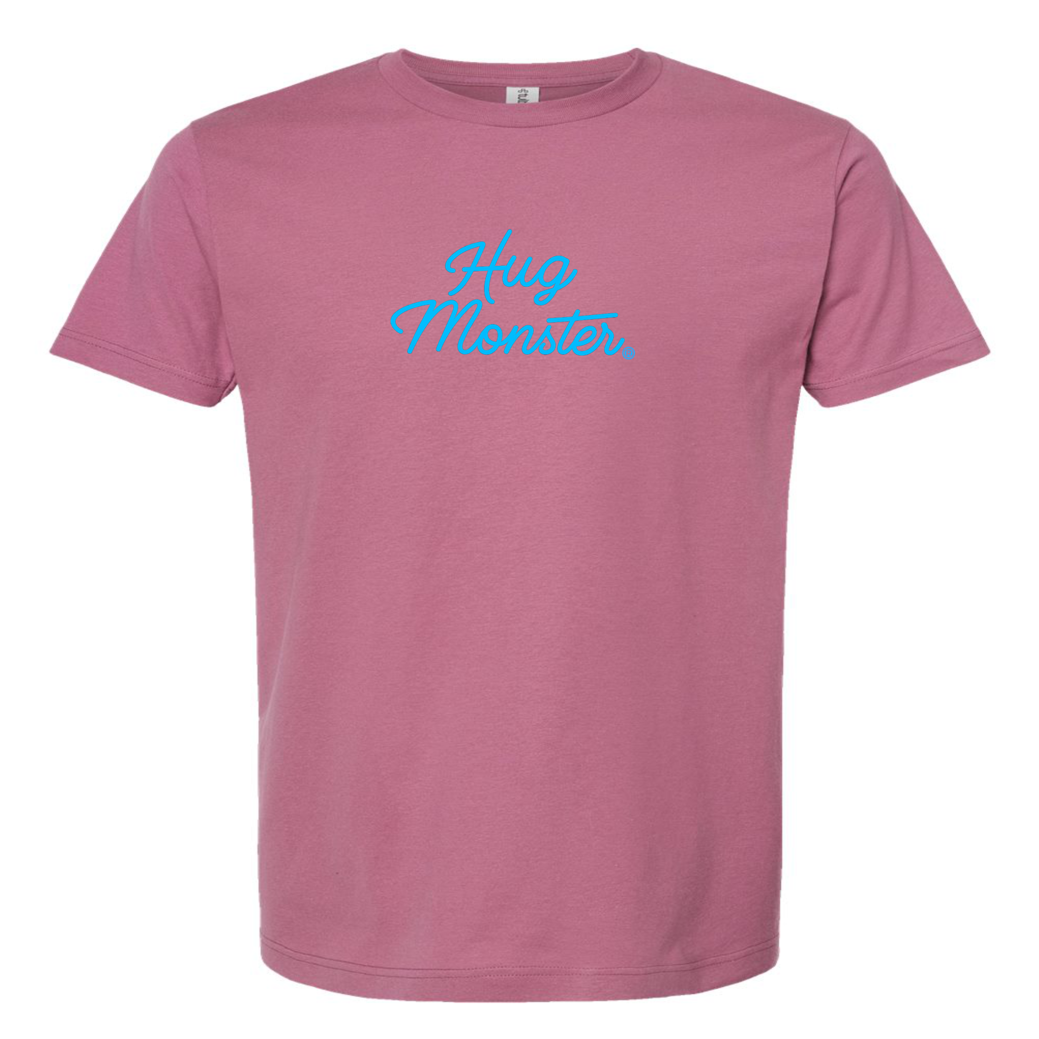 Hug Monster Stacked Classic Blue Cursive T-Shirt - Positive Message Graphic Tee in Soft Dusty Rose Pink – Front View