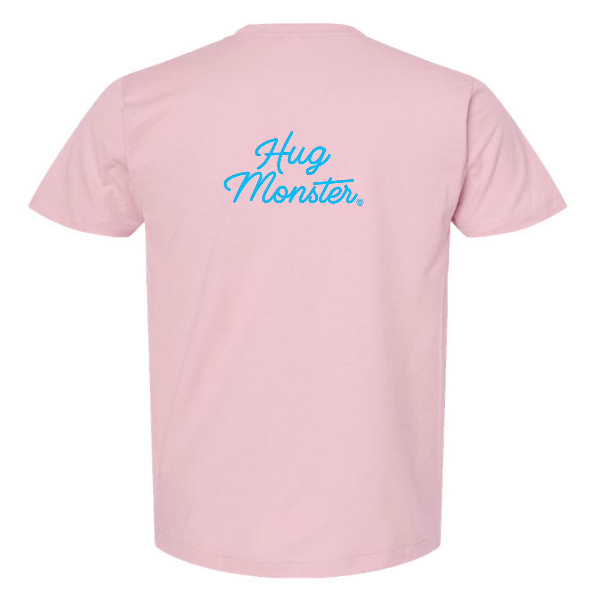 Hug Monster Stacked Classic Blue Cursive T-Shirt - Positive Message Graphic Tee in Soft Pink – Back View