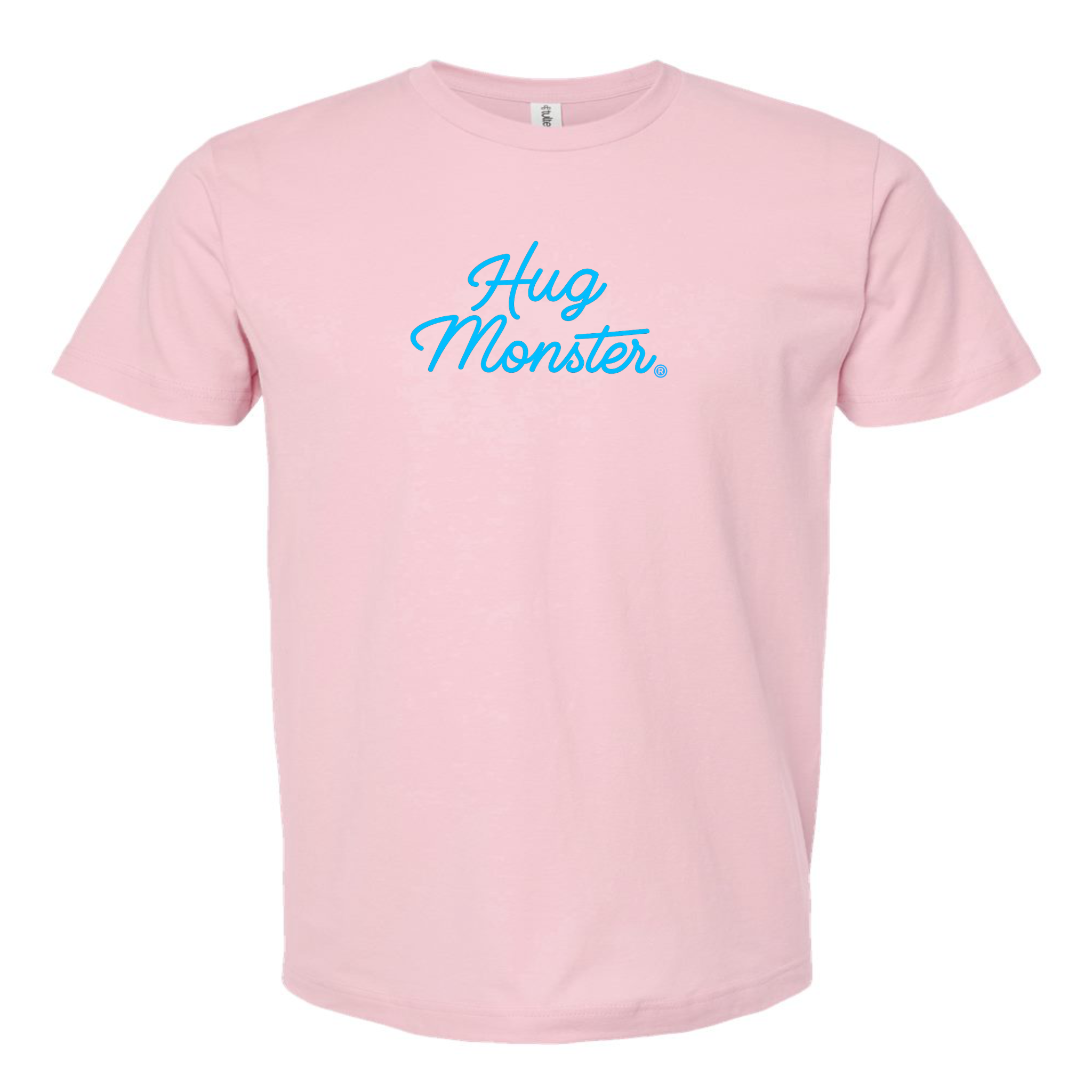 Hug Monster Stacked Classic Blue Cursive T-Shirt - Positive Message Graphic Tee in Soft Pink – Front View