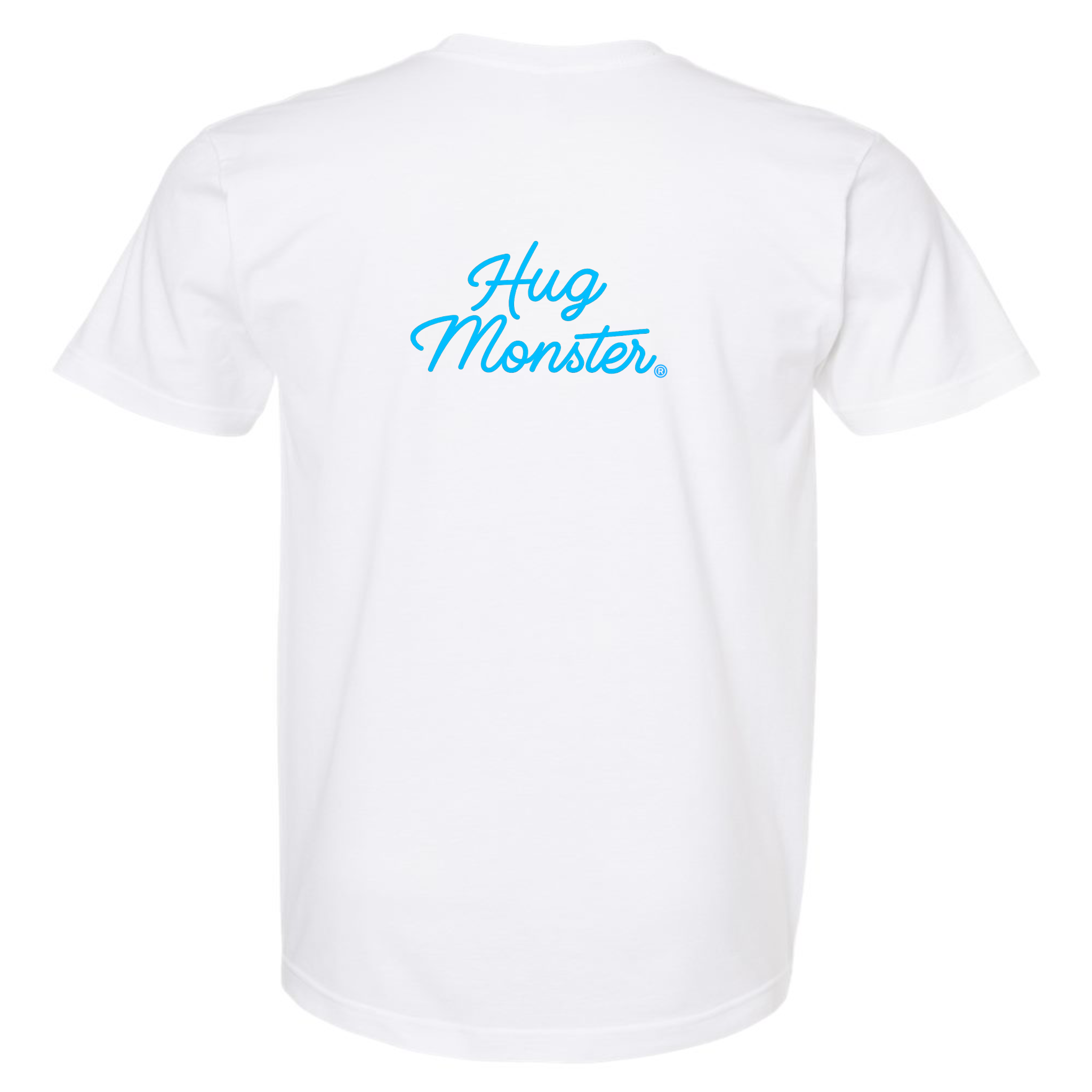 Hug Monster Stacked Classic Blue Cursive T-Shirt - Positive Message Graphic Tee in White – Back View