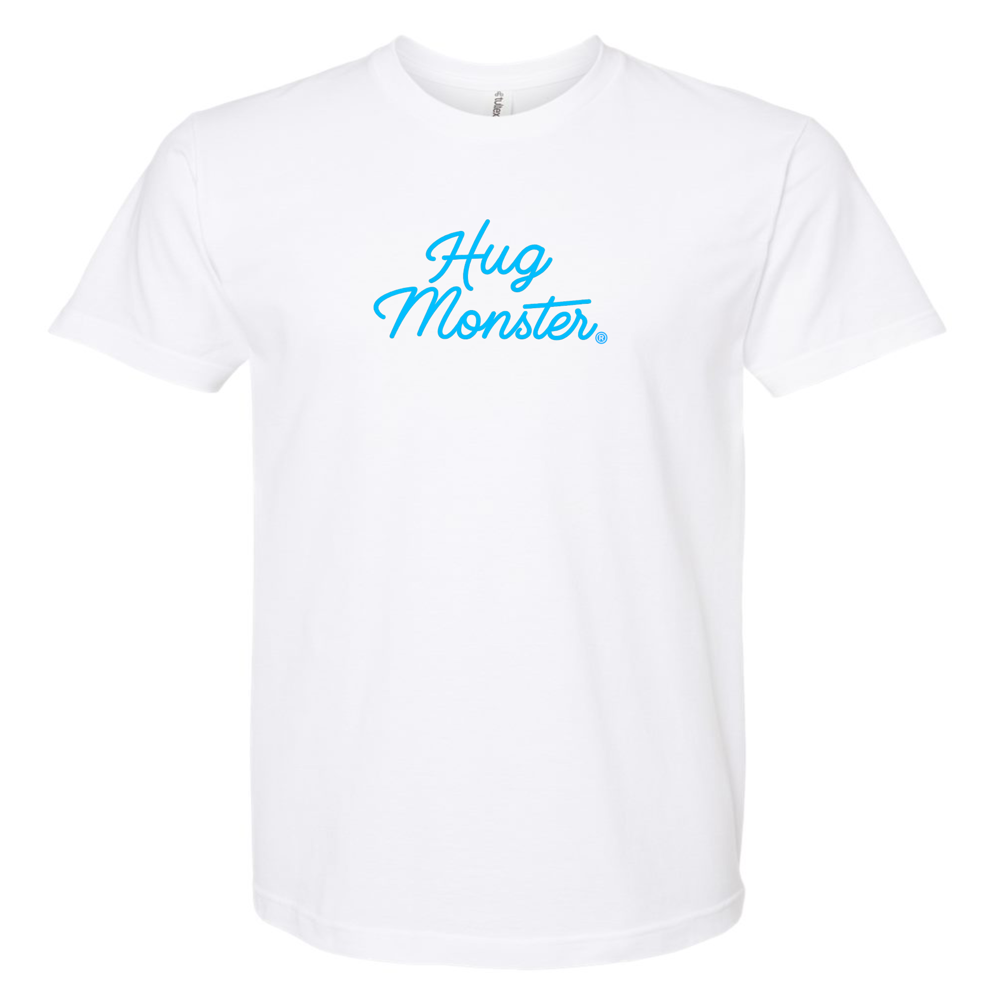 Hug Monster Stacked Classic Blue Cursive T-Shirt - Positive Message Graphic Tee in White – Front View