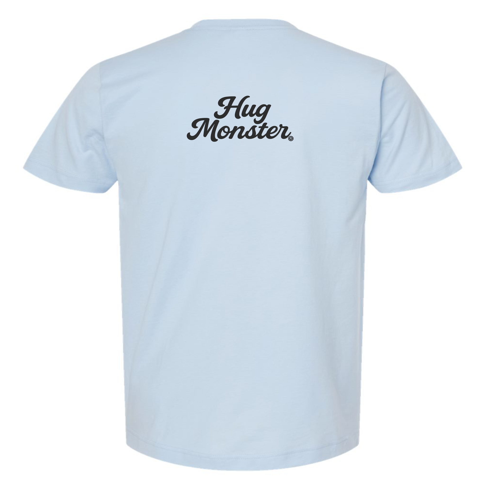 Hug Monster "Classic Cursive" (Black) T-Shirt - Positive Message Graphic Tee in Baby Blue – Back View
