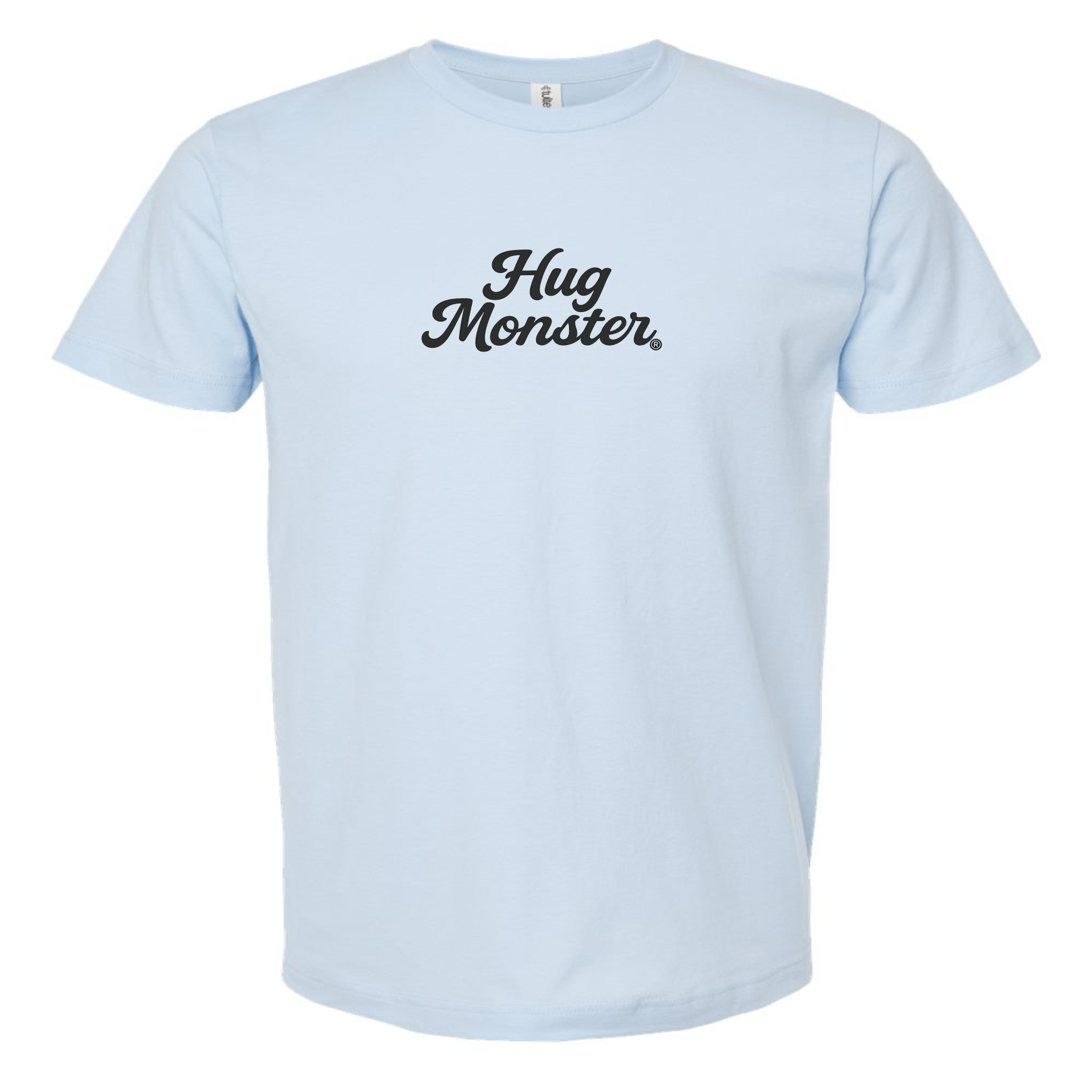 Hug Monster "Classic Cursive" (Black) T-Shirt - Positive Message Graphic Tee in Baby Blue – Front View