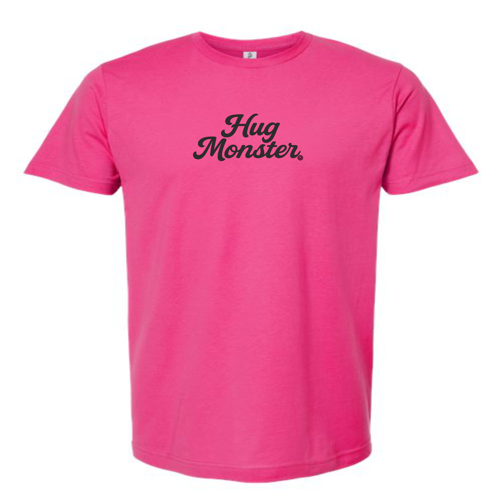 Hug Monster "Classic Cursive" (Black) T-Shirt - Positive Message Graphic Tee in Bright Fuscia – Front View