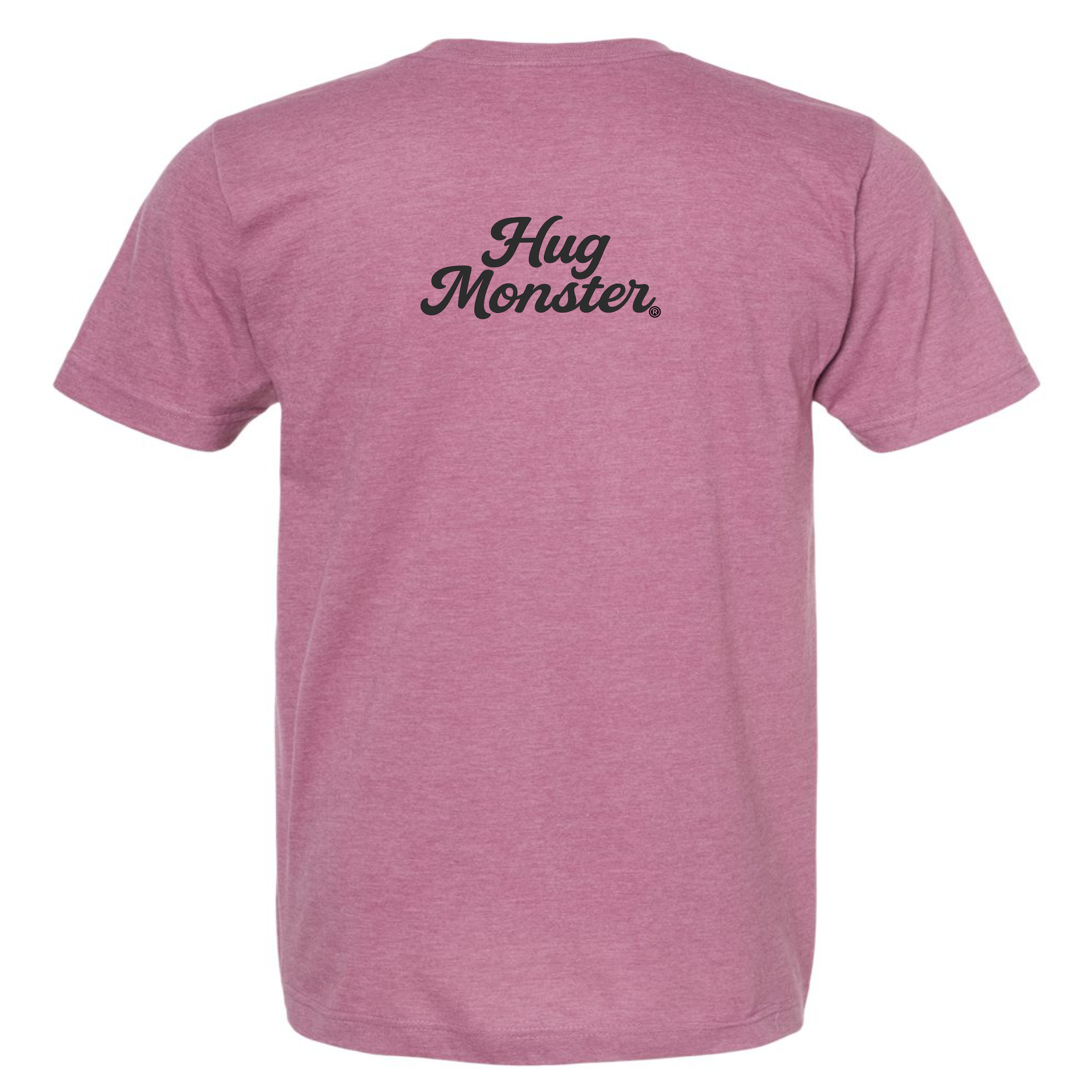 Hug Monster "Classic Cursive" (Black) T-Shirt - Positive Message Graphic Tee in Heather Dusty Rose Pink – Back View