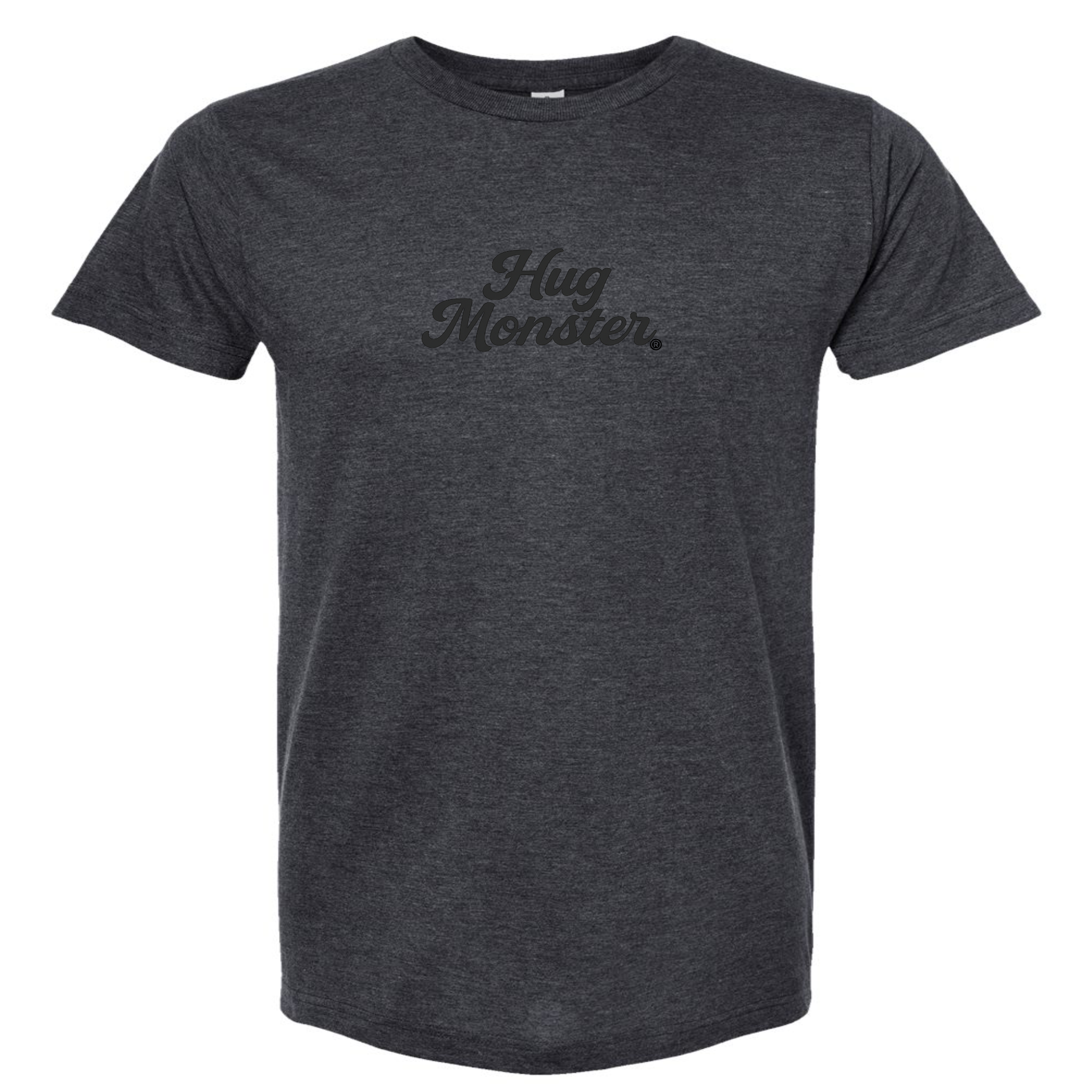 Hug Monster "Classic Cursive" (Black) T-Shirt - Positive Message Graphic Tee in Heather Graphite – Front View
