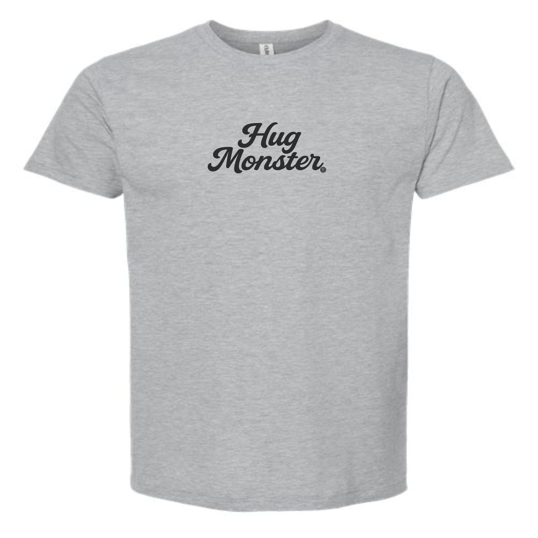 Hug Monster "Classic Cursive" (Black) T-Shirt - Positive Message Graphic Tee in Heather Grey – Front View