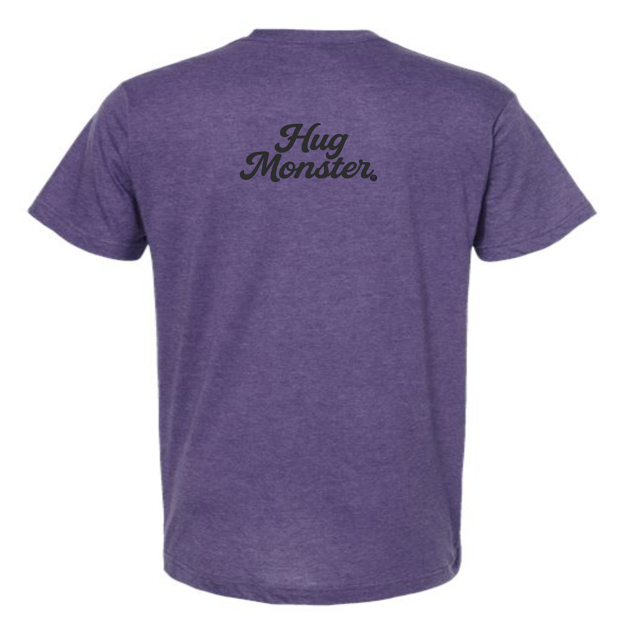 Hug Monster "Classic Cursive" (Black) T-Shirt - Positive Message Graphic Tee in Heather Purple – Back View