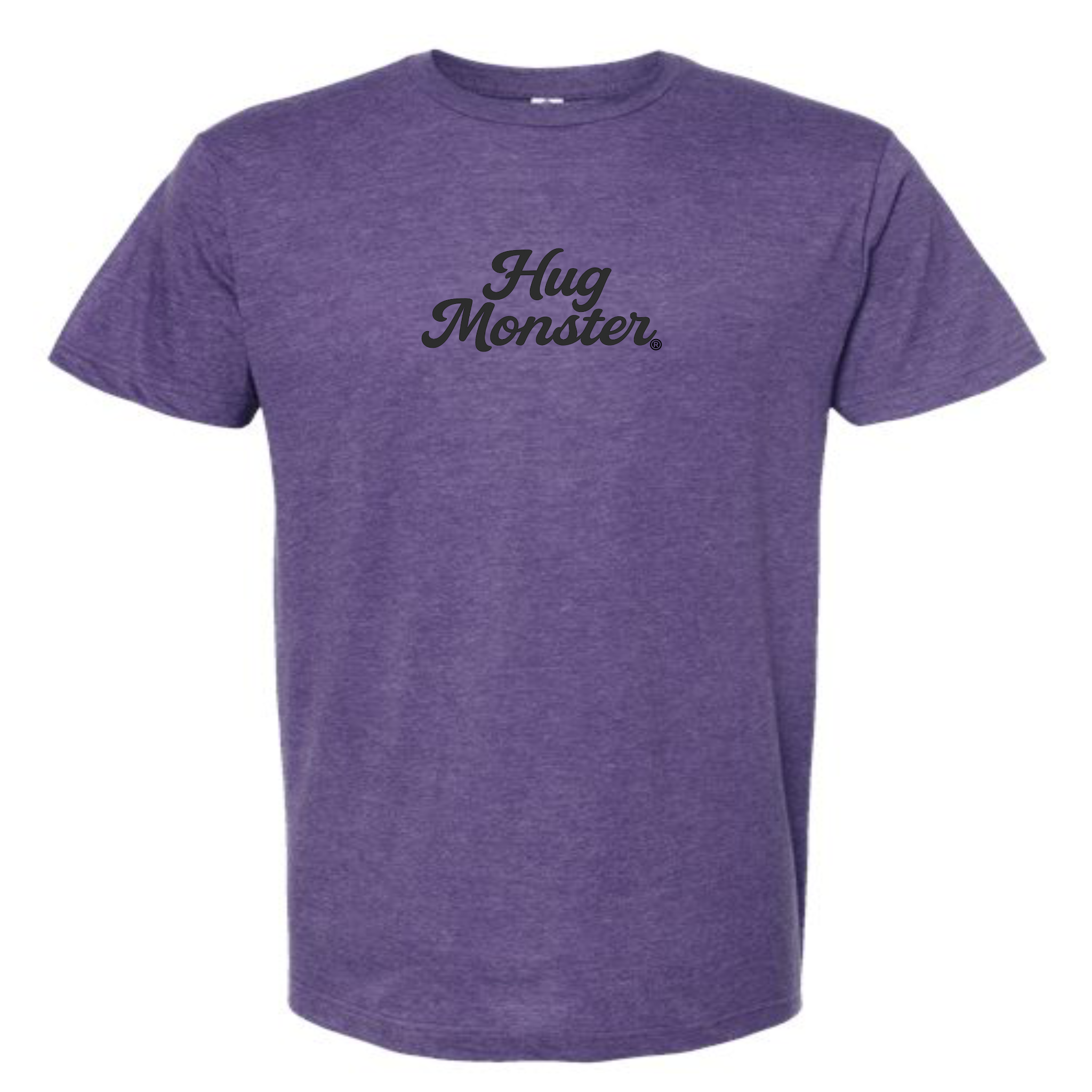 Hug Monster "Classic Cursive" (Black) T-Shirt - Positive Message Graphic Tee in Heather Purple – Front View