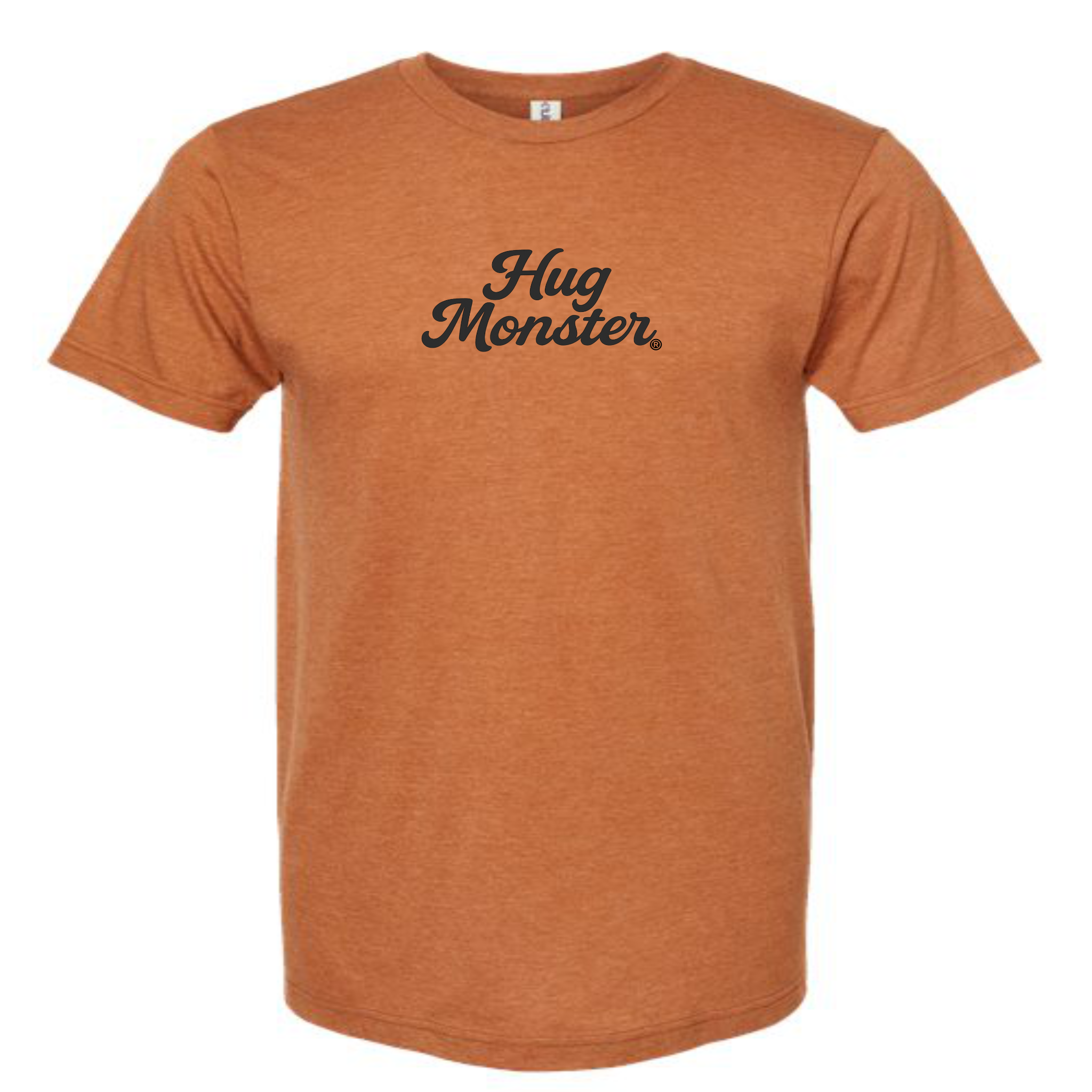 Hug Monster "Classic Cursive" (Black) T-Shirt - Positive Message Graphic Tee in Heather Rust – Front View