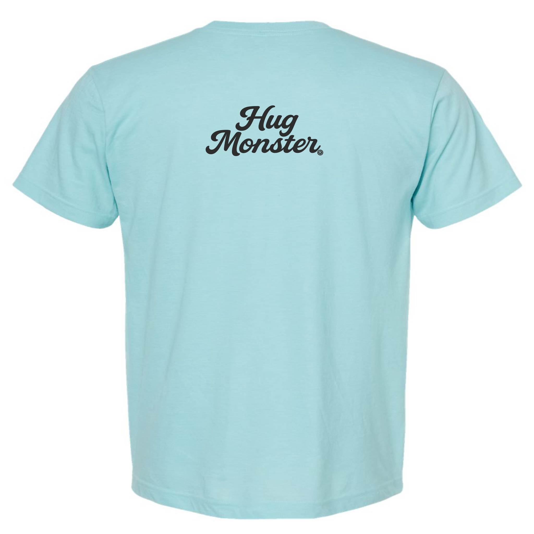 Hug Monster "Classic Cursive" (Black) T-Shirt - Positive Message Graphic Tee in Heather Turquoise – Back View