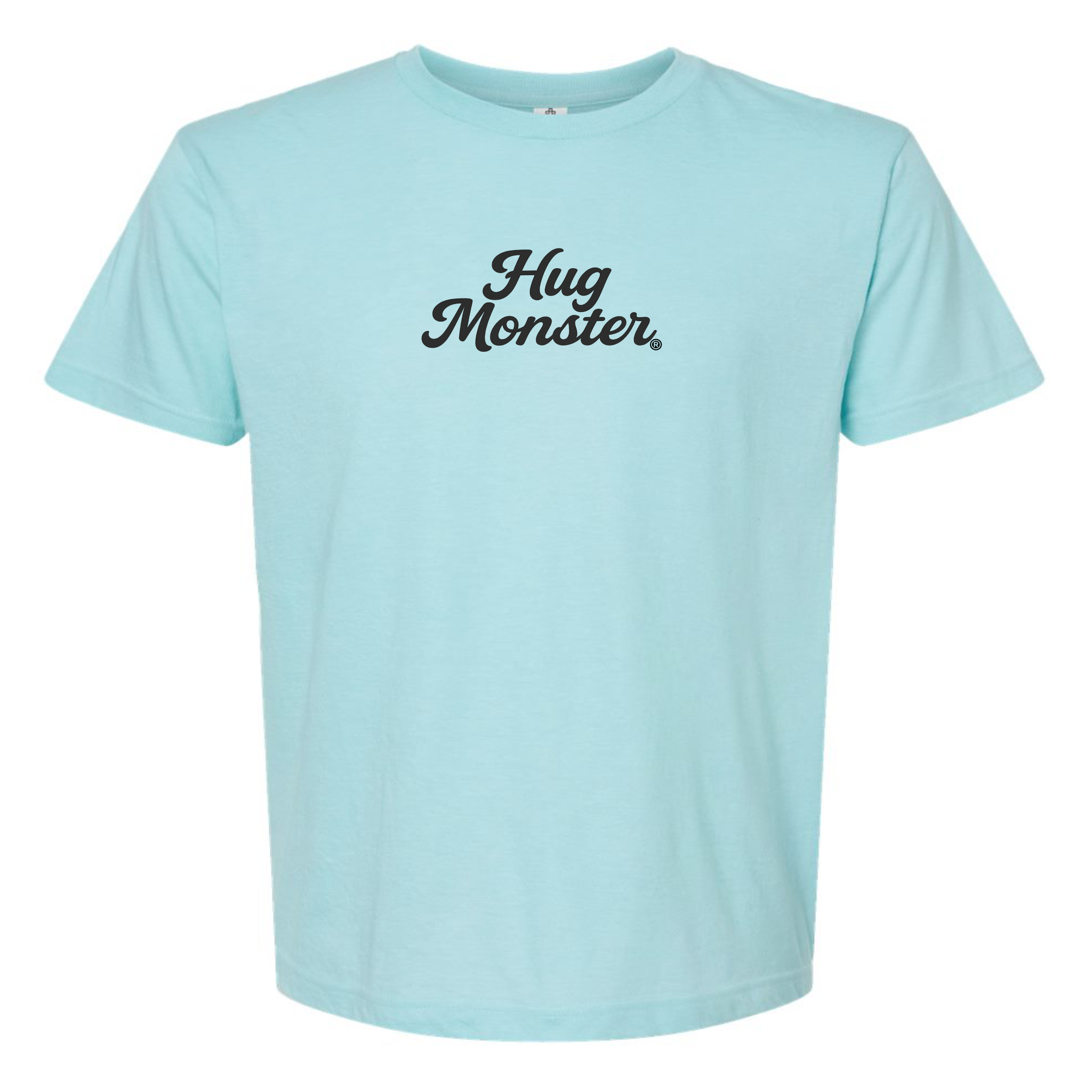 Hug Monster "Classic Cursive" (Black) T-Shirt - Positive Message Graphic Tee in Heather Turquoise – Front View