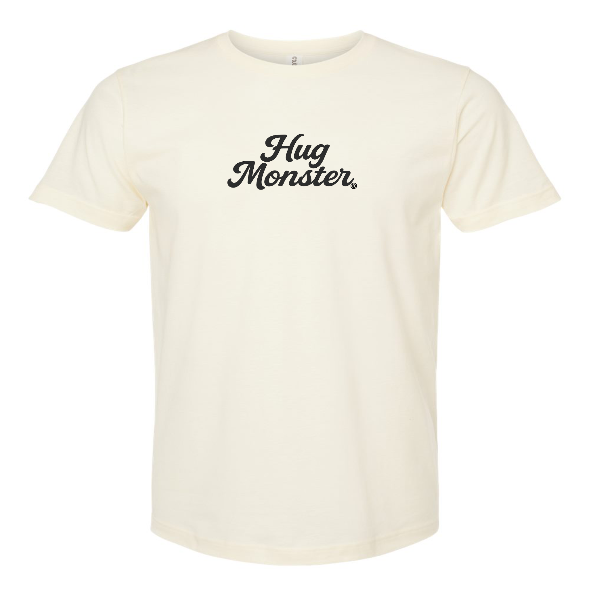 Hug Monster "Classic Cursive" (Black) T-Shirt - Positive Message Graphic Tee in Natural – Front View