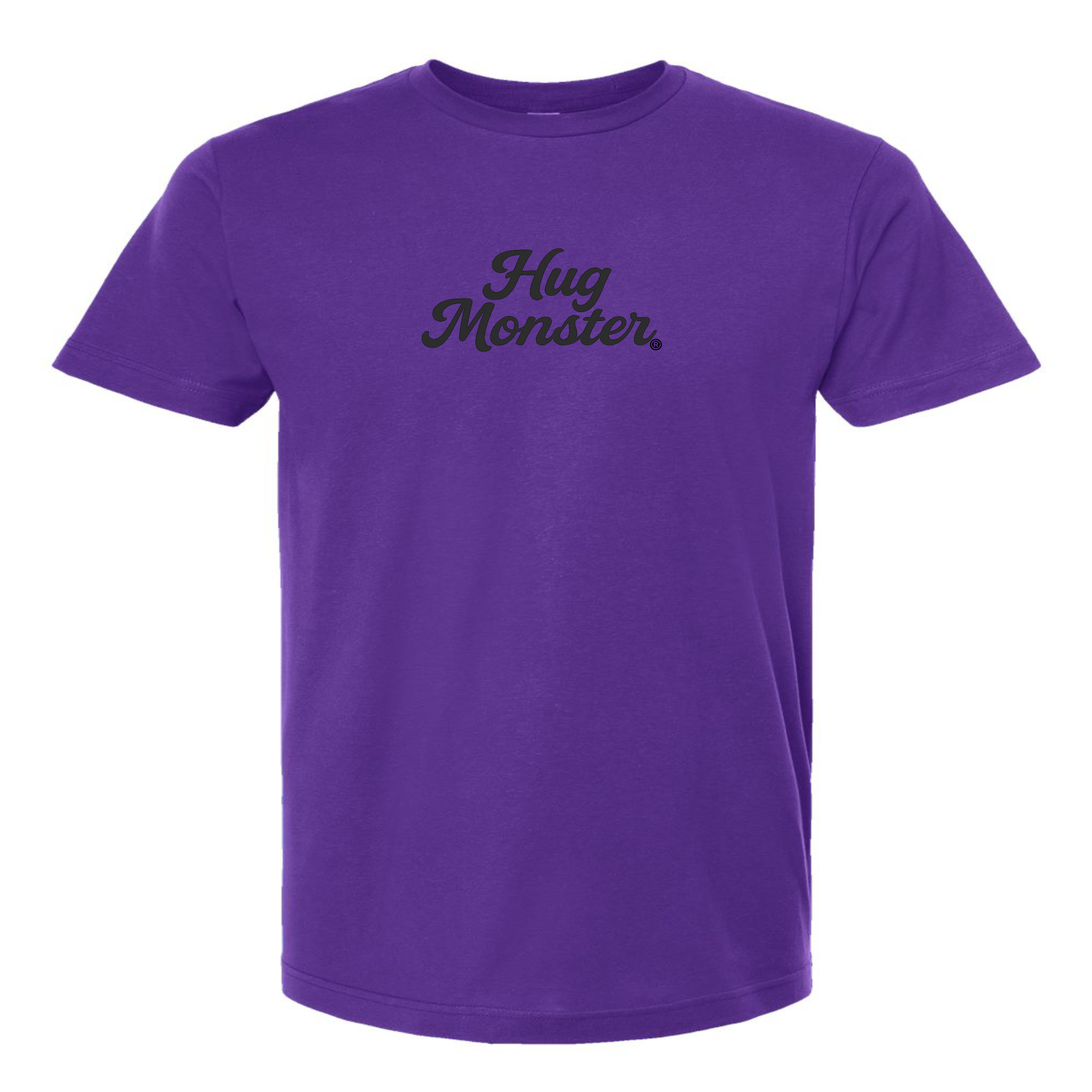 Hug Monster "Classic Cursive" (Black) T-Shirt - Positive Message Graphic Tee in Purple – Front View