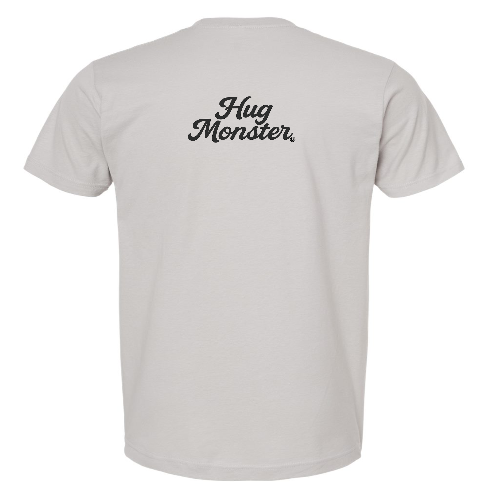 Hug Monster "Classic Cursive" (Black) T-Shirt - Positive Message Graphic Tee in Silver – Back View