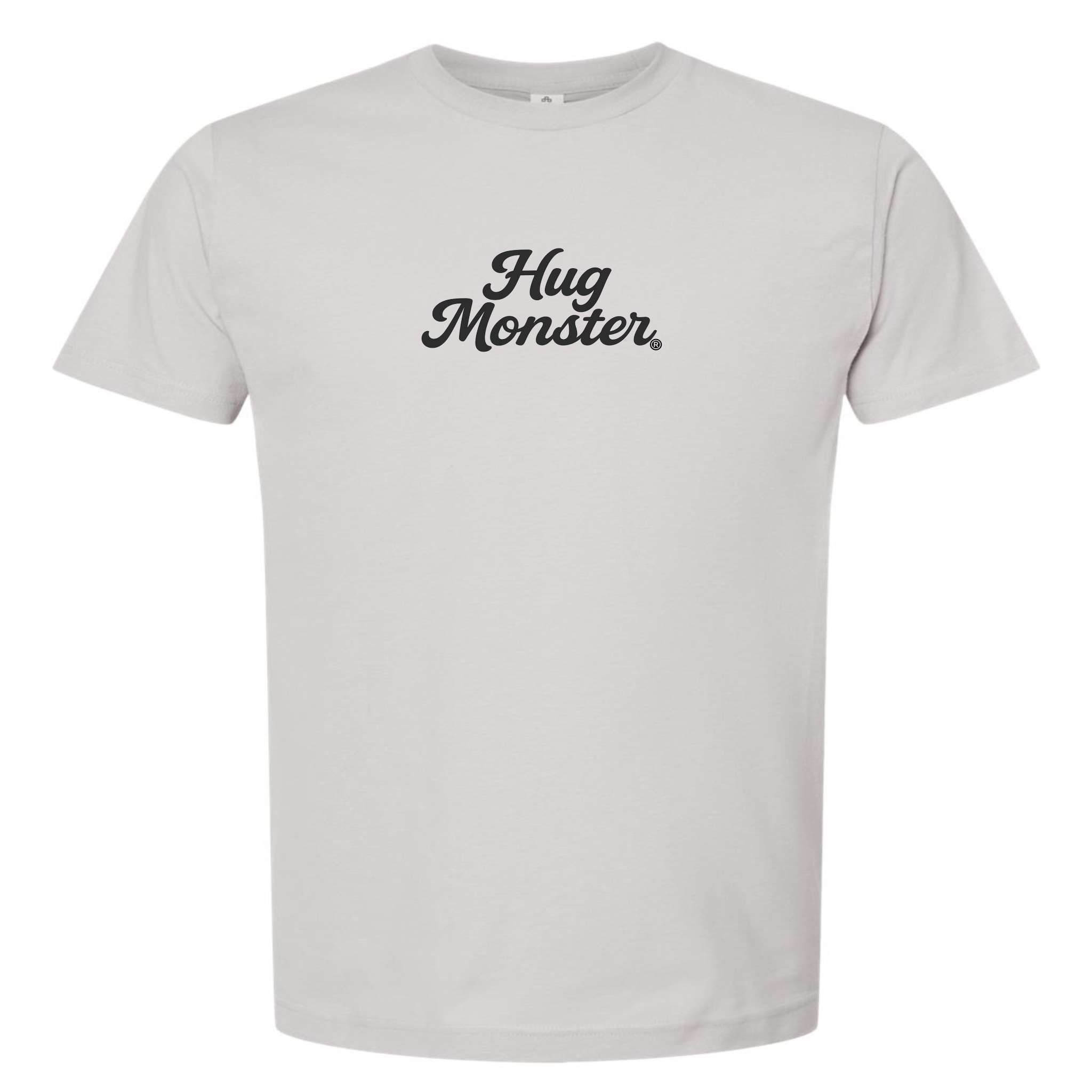 Hug Monster "Classic Cursive" (Black) T-Shirt - Positive Message Graphic Tee in Silver – Front View